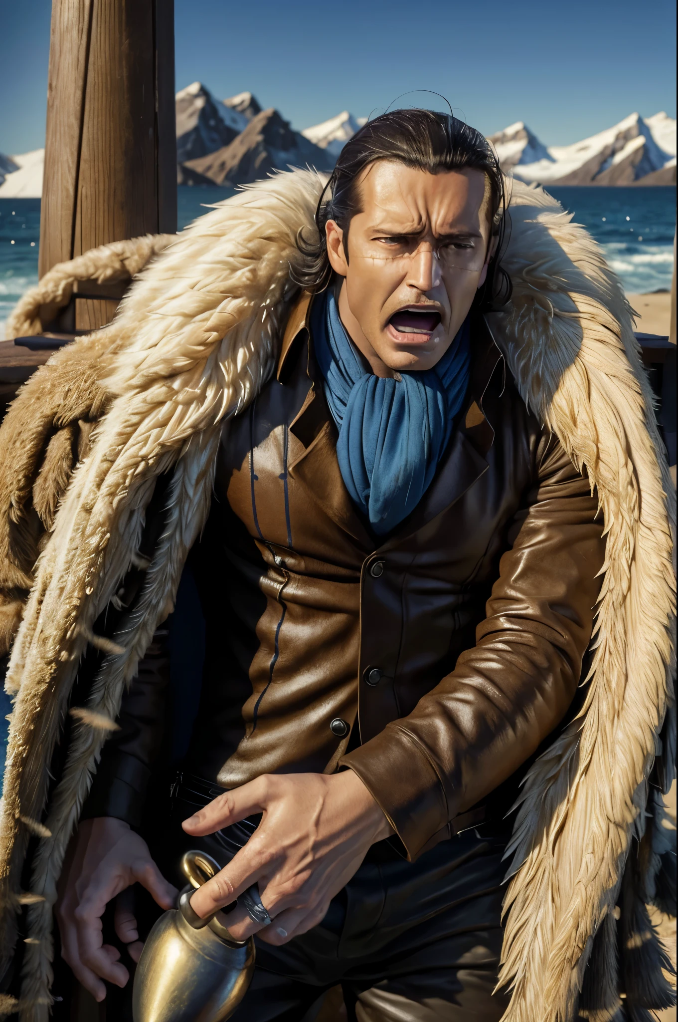 masterpiece, best quality, extremely detailed, hyperrealistic, photorealistic, a cool 40s man, ultra detailed face:1.2, fur-trimmed coat, scarf around the neck, his left hand is a golden pirate hook:1.1, iced sea, blue sky, open mouth:1.1, annoyed, dynamic pose
