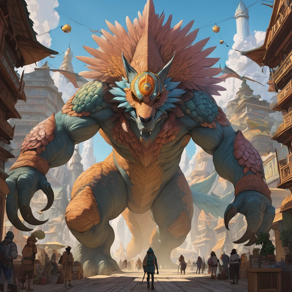 Giant creature, aesthetic, extremely detailed, Giant Creature, Mage, Angel, Detailed, a masterpiece digital painting by Greg Rutkowski and James Gurney, trending on Artstation, tube casting, angels are flying,  Creature, Monster Hunter Illustrations art book, giant, Moebius, Greg Rutkowski, Zabrocki, Karlkka, Jayison Devadas, Phuoc Quan, trending on Artstation, 8K, ultra wide angle, zenith view, pincushion lens