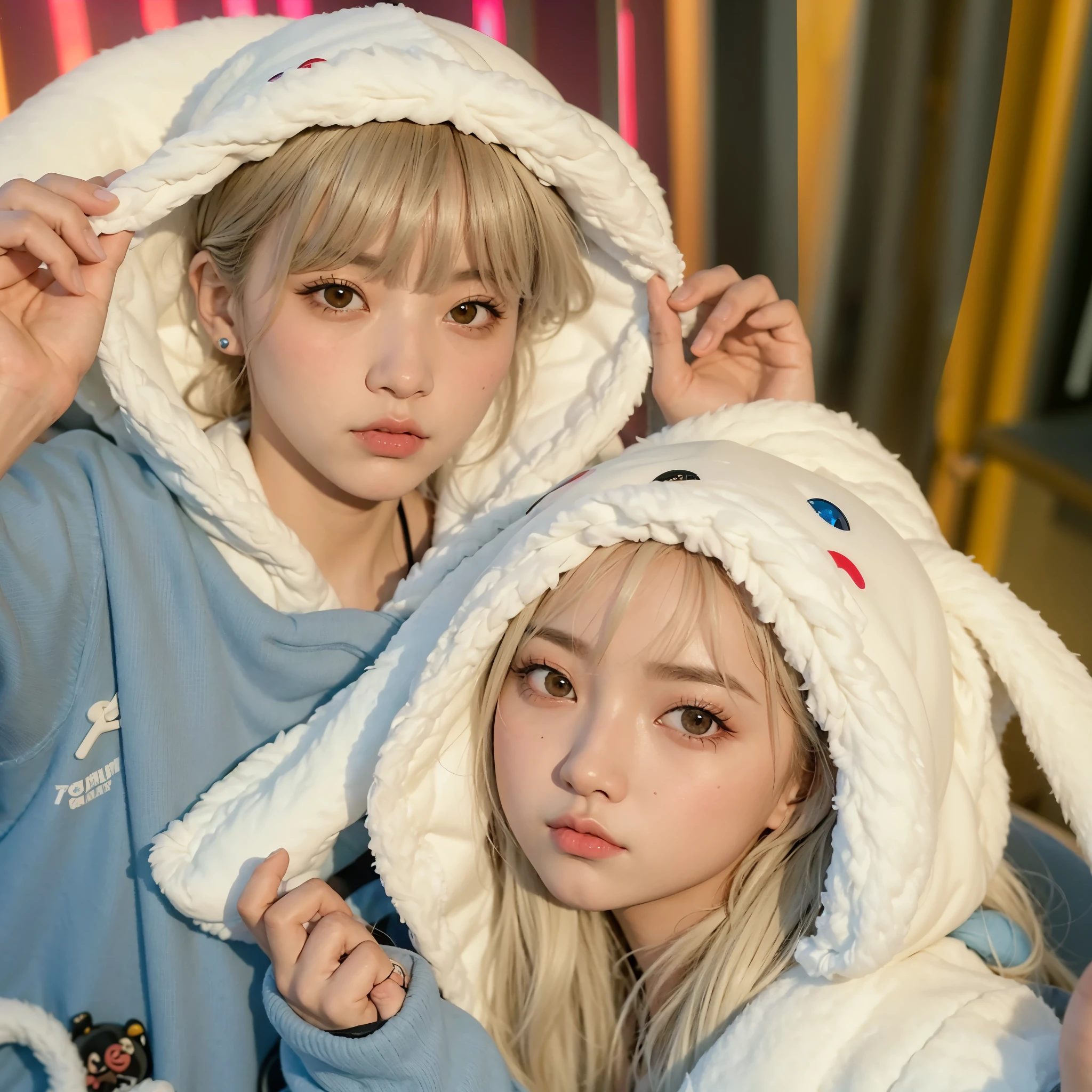 Hay dos personas que llevan sudaderas con capucha y posan para una foto., Lalisa Manobal, kim doyoung, kemonomimi, ulzzang, sakimichan, cai xukun, Sky Blue Thick Skin Tunes, sha xi, ruan cute vtuber, kda y sam que, flequillo blanco