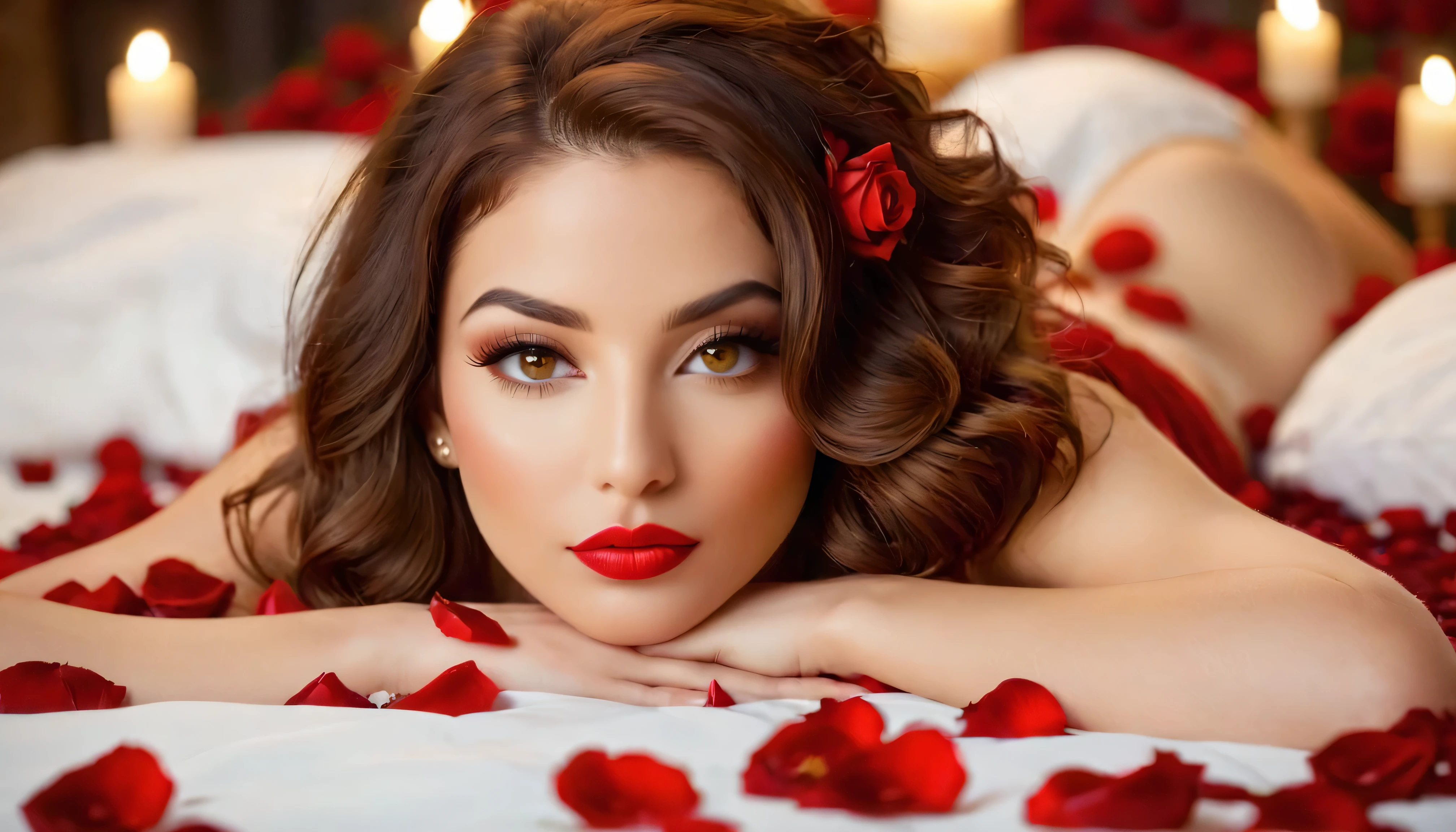 (Garota linda:1.1,  de 20 anos, lying on a bed surrounded by red rose petals, ambiente a luz de velas, vestindo uma roupa sensual, cabelos comprido , olhos detalhados, Detailed lips, Long eyelashes), high resolution, ultra-detalhado, Realista, retratos, cores vibrantes, soft lighting
