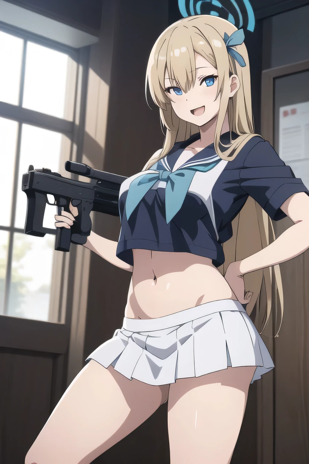 asunaichinose, asuna ichinose, blonde hair, blue eyes, hair over one eye, halo, long hair, mole, mole on breast, 
masterpiece, best quality, highly detailed, a anime girls in sailor uniforms with a gun posing for a picture,
evil smile, smile, open mouth,black_serafuku, ecchi anime style, anime girls , (nsfw) not safe for work,
ecchi style, ecchi, shipgirls, digital anime art!!, high school girls, in anime style, official artwork, beautiful
anime high school girl, anime style 4 k, micro skirt, exposed belly, exposed navel, exposed midriff,
exposed lower belly,school, classroom, 