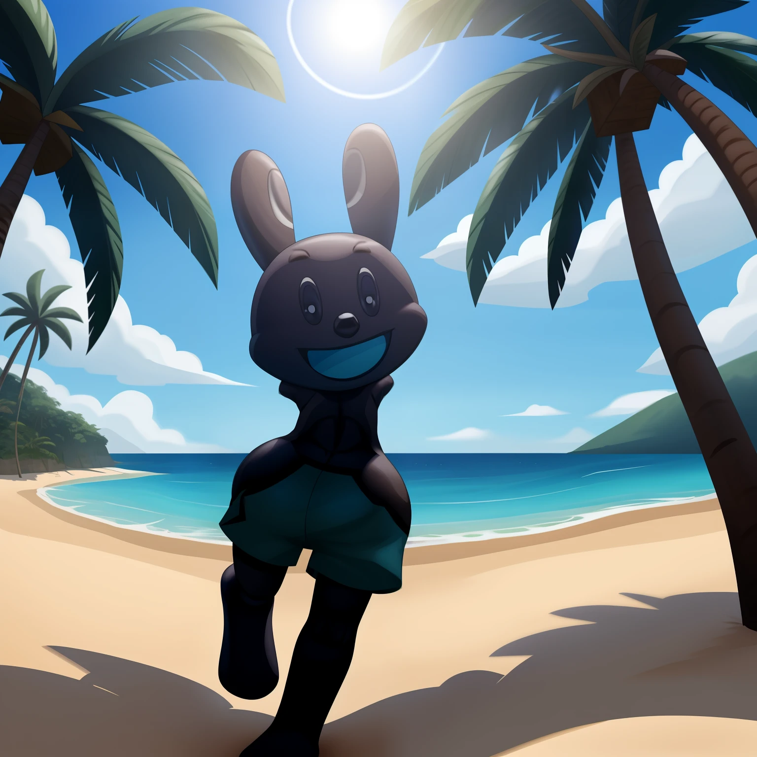 Oswald, armless, missing arms, no arms, black eyes, blue shorts, open smile, big and wide mouth, agape, white polka dots on ears, staring at the viewer, full body, enjoying the place, dynamic angle, beach background, detailed art, palm trees, intricate details