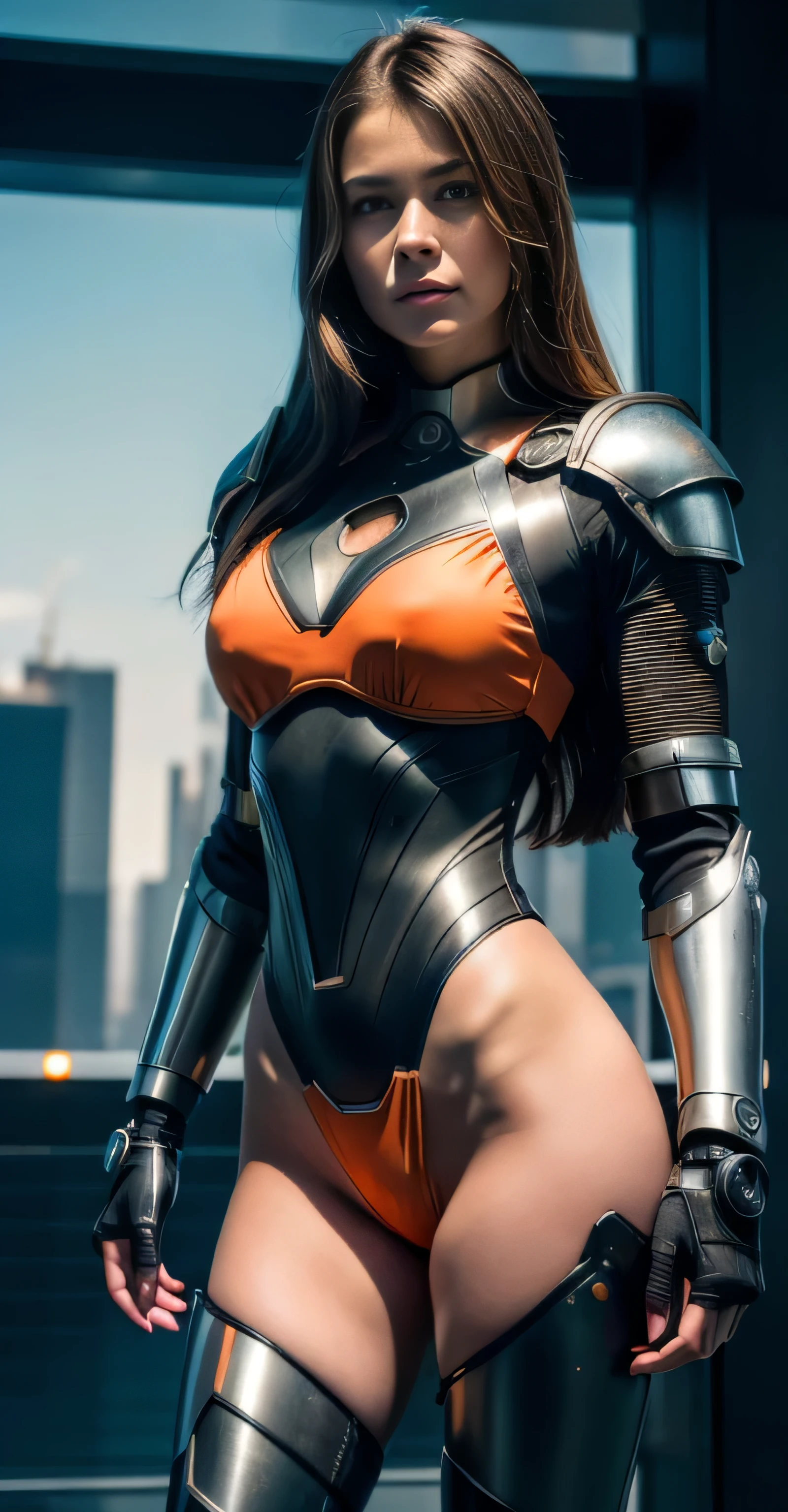 ((masterpiece, 8K, 3D, Realistic, Super Detail)), (1girl:1.3), slender 17 age, Ultra Micro photography, Super realistic, Perfect face, Beautiful features, ((Perfect female body)) Beautiful features, ( body), ((small hip)), Melissa Benoist as (((2 piece Bikini Armor))), Sci-fi futuristic cyberpunk ((bionic orange chest metal armor suit)), Futuristic soldier, ((Exposed thigh)), Exposed Skin, Front Full body Shot, full body portrait, futuristic city background
