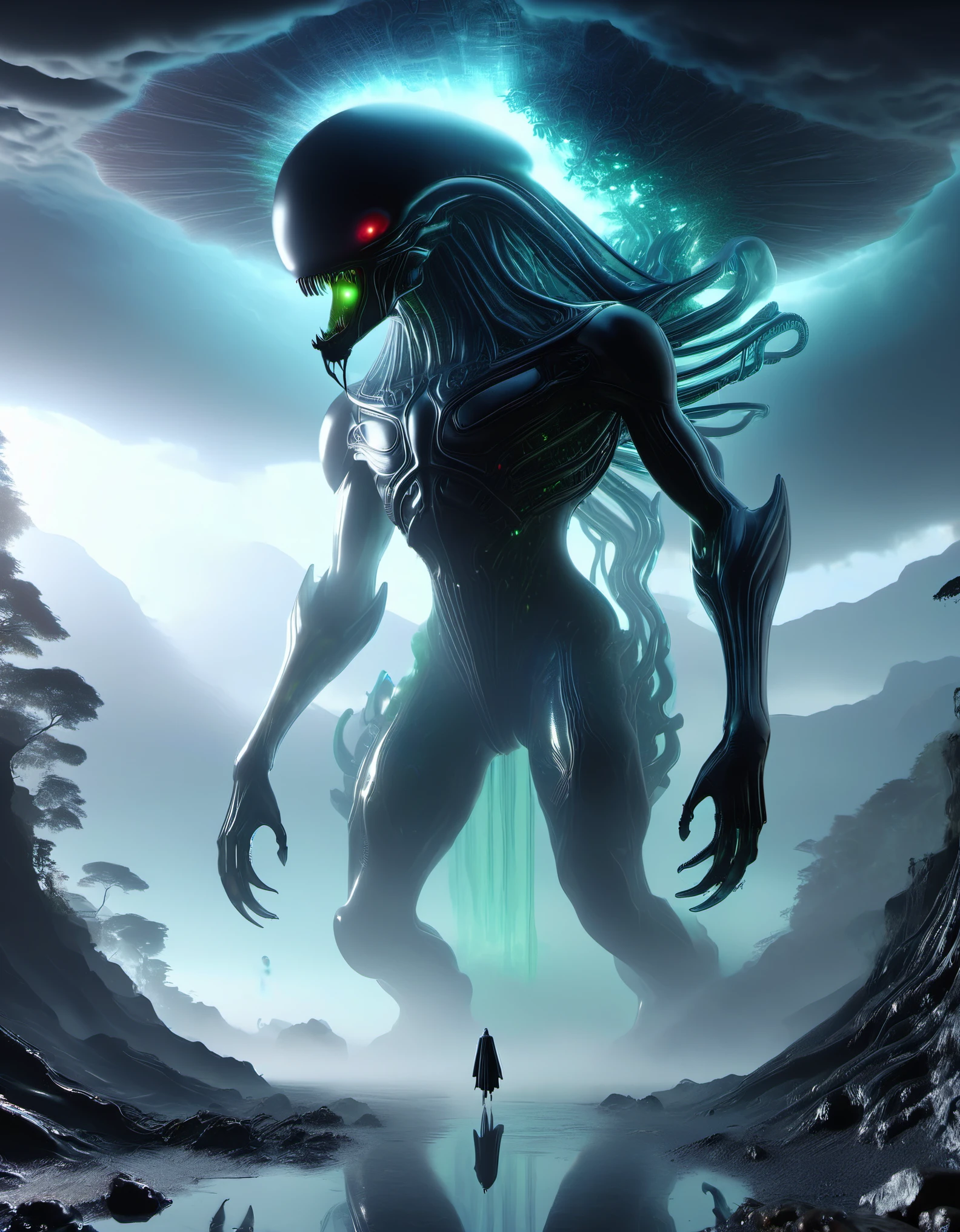 Looking up, (giant transparent alien creature), 3D game ,Inspired by《Alien》,HR Giger Giger,Mutant mutant,Mutation mutation,Aberration Distortion,toxic waste sites,Biological Labs ,Dense fog fog,Overgrown Vegetation过度生长的植被/Eerie Silence Eerie silence,tumor,slime,ScaleReflective, high detail, surreal, 3D rendering, explosive coverage, bokeh, Dense fog, fog, from below, upside down, chiaroscuro, UHD, masterpiece, super detail, high details, high quality, award winning, best quality, highlights, 16k