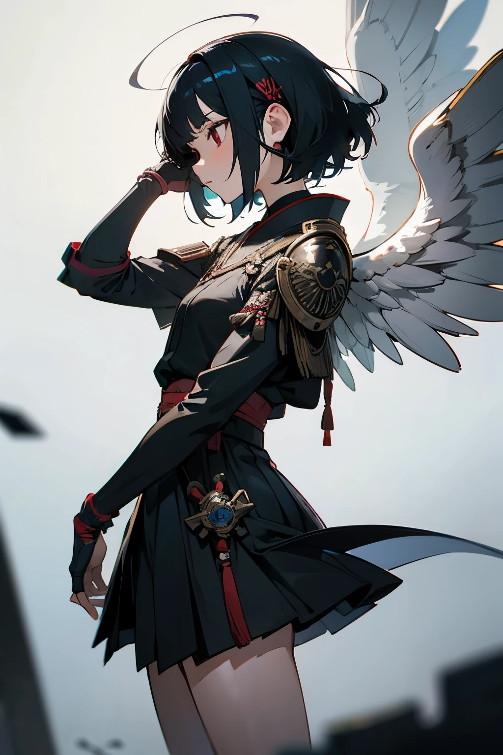 ((holy Angel)),Create an AI illustration of a young girl with black short hair, shiny hair, colored inner hair, floating hair, red eyes, (eyepatch), and headphones. She resembles a samurai, (She wears Japanese armor), She wears armor while pairing it with a miniskirt, showcasing her unique style. Please generate the illustration in the highest quality possible. oblique view view, facial profile, hyper detailed, intricate detailed, Wide shot of ruins, in a photorealistic 4DCG style.