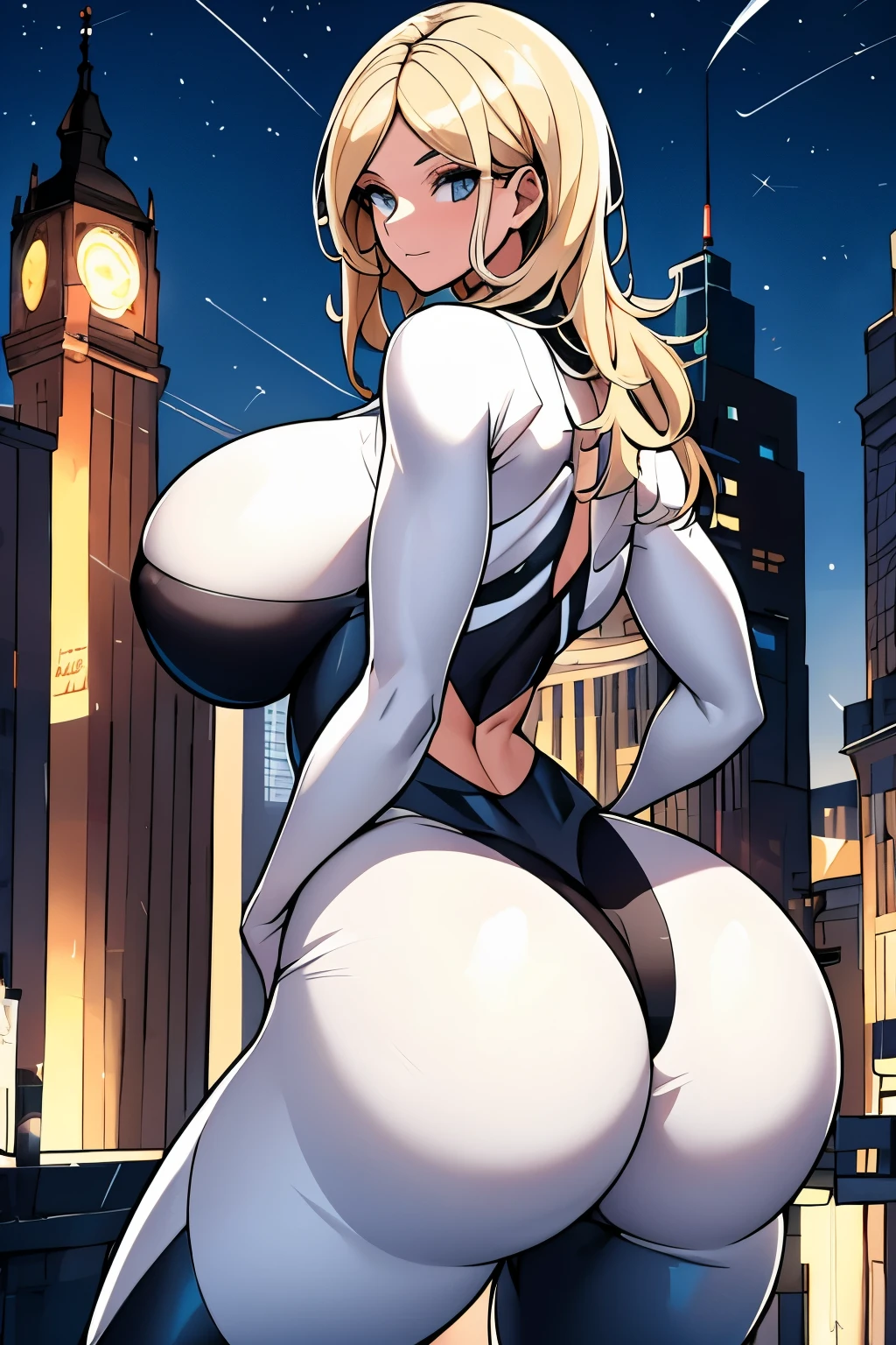 (obra-prima:1.2), (ultra-detalhado:1.2), (cinematographic lighting), (luz noturna), image takes place at night, Drawing of a beautiful woman standing on top of buildings, spider gwen, mulher bonita e ultra detalhada, olhos chamativos, olhos azuis, corpo atletico, uniforme da gwen aranha preto e branco todo detalahado, adulta, cabelo loiro, cabelo longo, curvy ass, gigantic breast, bubble butt
