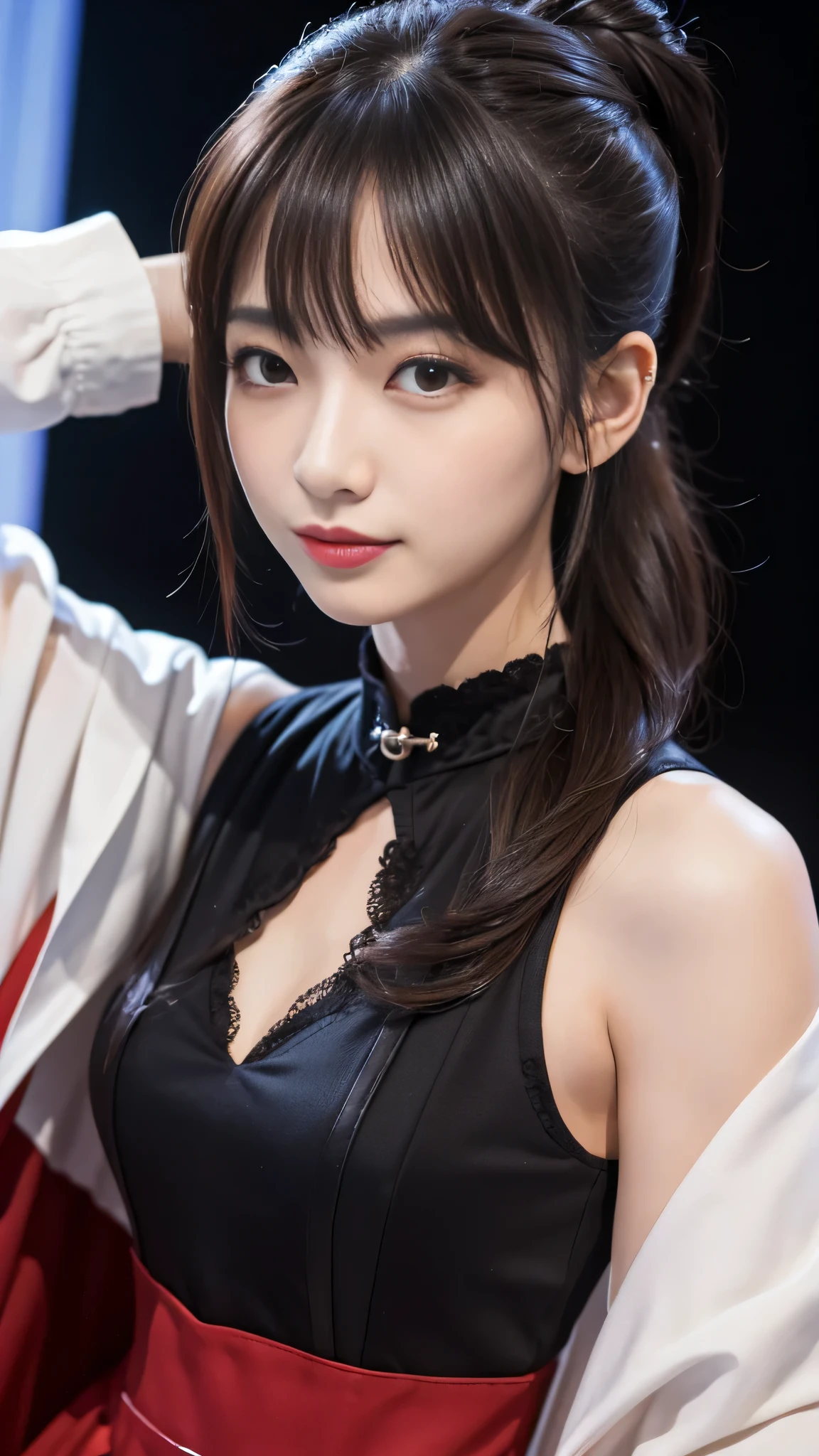 Super detailed、Japanese、charming beauty、seductive adult woman、Beautiful woman、sharp eyes、cool girl、wavy hair、ponytail、flowing bangs、long black cheongsam、wide sleeve、evilの幹部、evil depravity、brainwashing、Mind control、apply lipstick、grin、evilな表情、evil、empty eyes、evil、stage、vampire、vampire、Hypnosianipulate medicine capsules