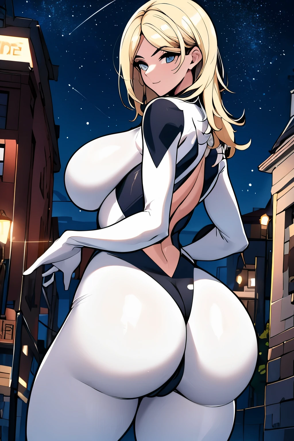 (obra-prima:1.2), (ultra-detalhado:1.2), (cinematographic lighting), (luz noturna), image takes place at night, Drawing of a beautiful woman standing on top of buildings, spider gwen, mulher bonita e ultra detalhada, olhos chamativos, olhos azuis, corpo atletico, uniforme da gwen aranha preto e branco todo detalahado, adulta, cabelo loiro, cabelo longo, curvy ass, gigantic breast, bubble butt