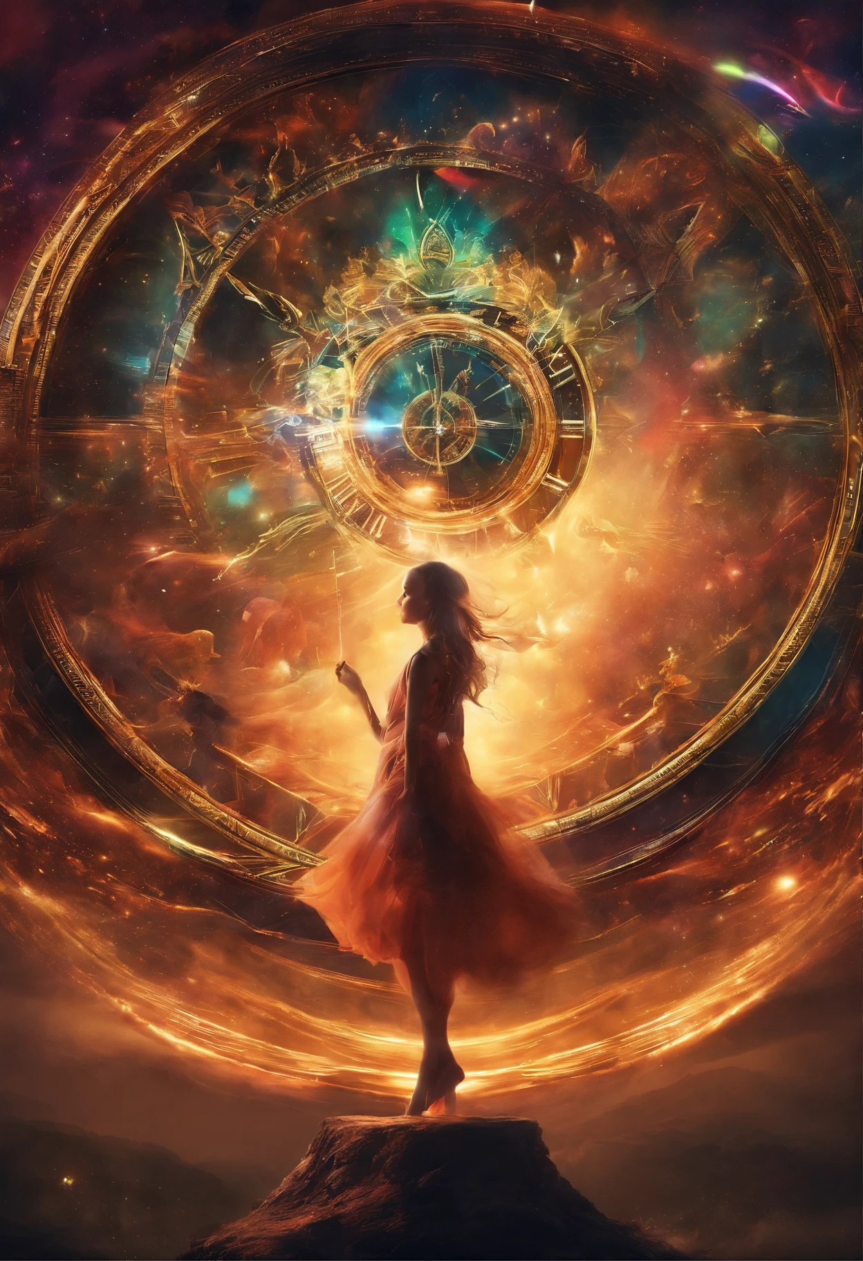 mysterious silhouette of a time travelling woman, black hole, inside of a clock, gears, goddess, alluring, by Minjae Lee, Carne Griffiths, Emily Kell, Steve McCurry, Geoffroy Thoorens, Aaron Horkey, Jordan Grimmer, Greg Rutkowski, amazing depth, double exposure, surreal, geometric patterns, intricately detailed, bokeh, perfect balanced, deep fine borders, artistic photorealism , smooth, great masterwork by head of prompt engineering
