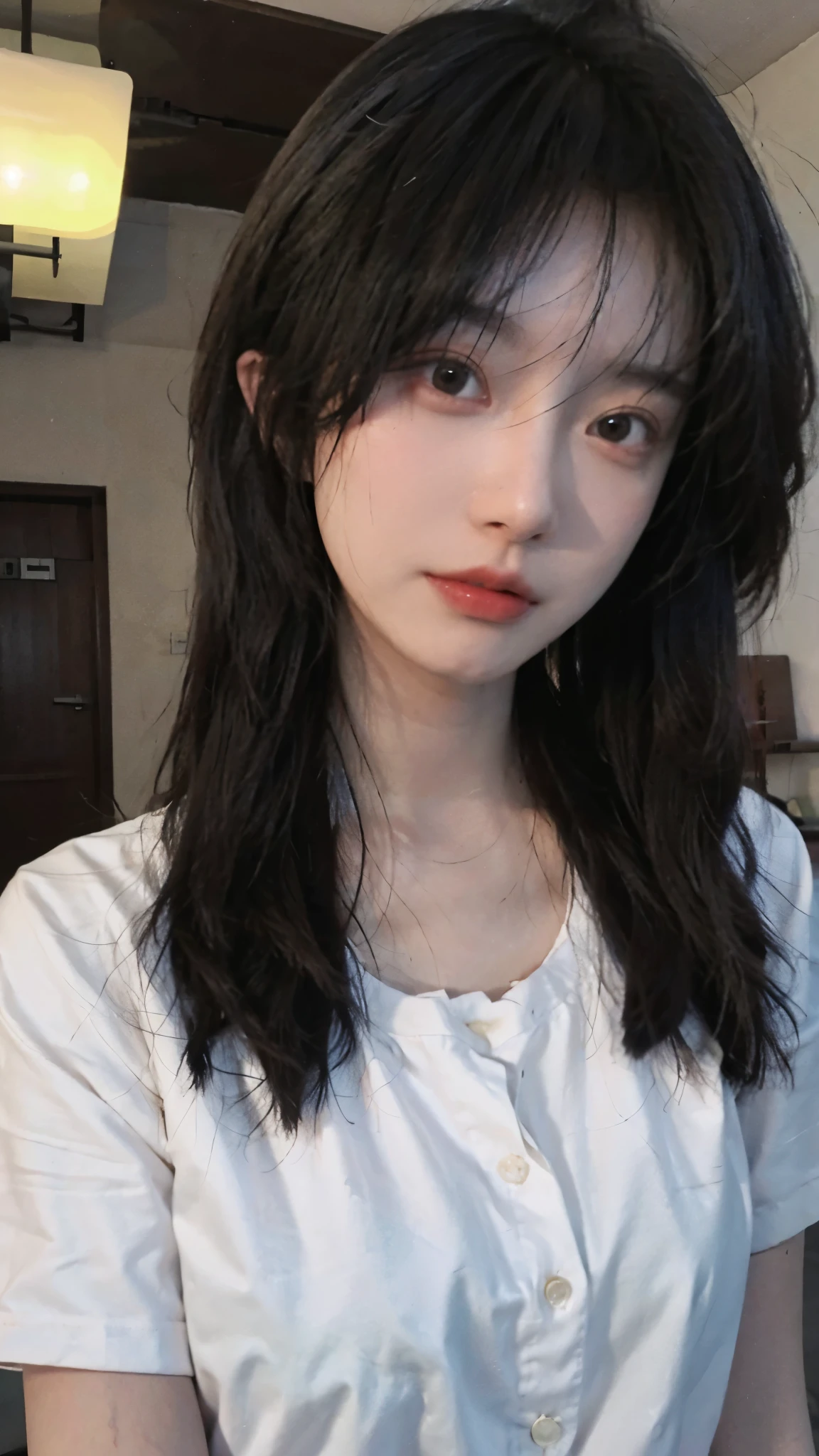 最OK质量, masterpiece, ultra high resolution, (actual: 1.4), 1 girl, Sexy, (shirt: 1.4), (OK: 1.3), (Room: 1.3), (Upper body: 1.4)