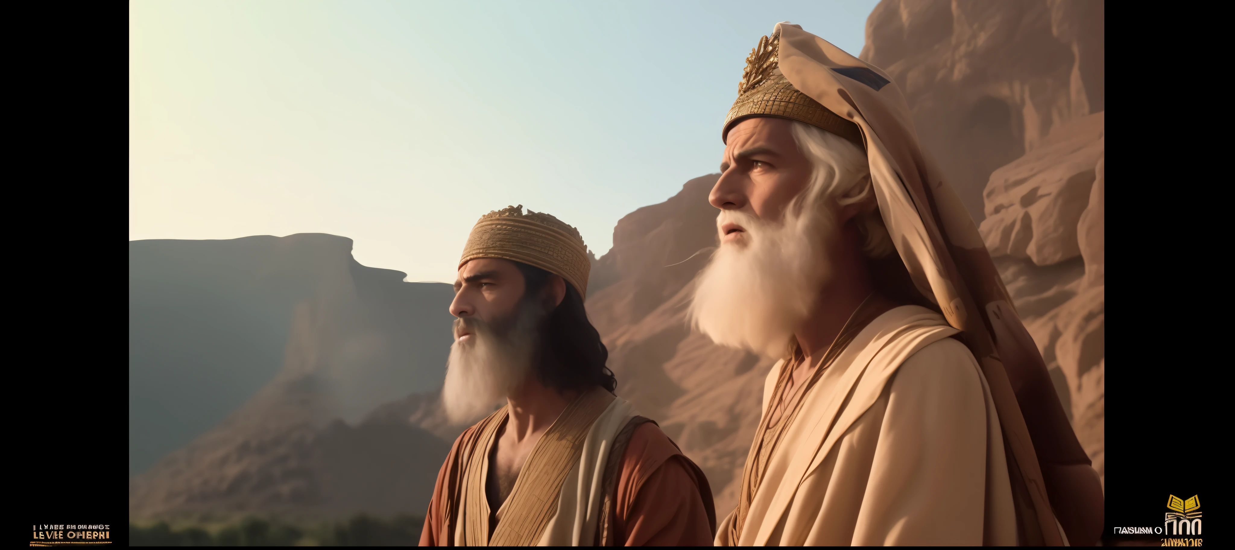 Two men in tunics and hats stand in front of a mountain, biblical epic film, cena do filme, cena do filme live action, ainda de um filme de fantasia, captura de tela de um filme, Captura de tela do filme de 1983, ainda filmado do filme, Ainda de Rainbow Ophanim, ainda de um filme live action, captura de tela do filme, ainda do filme