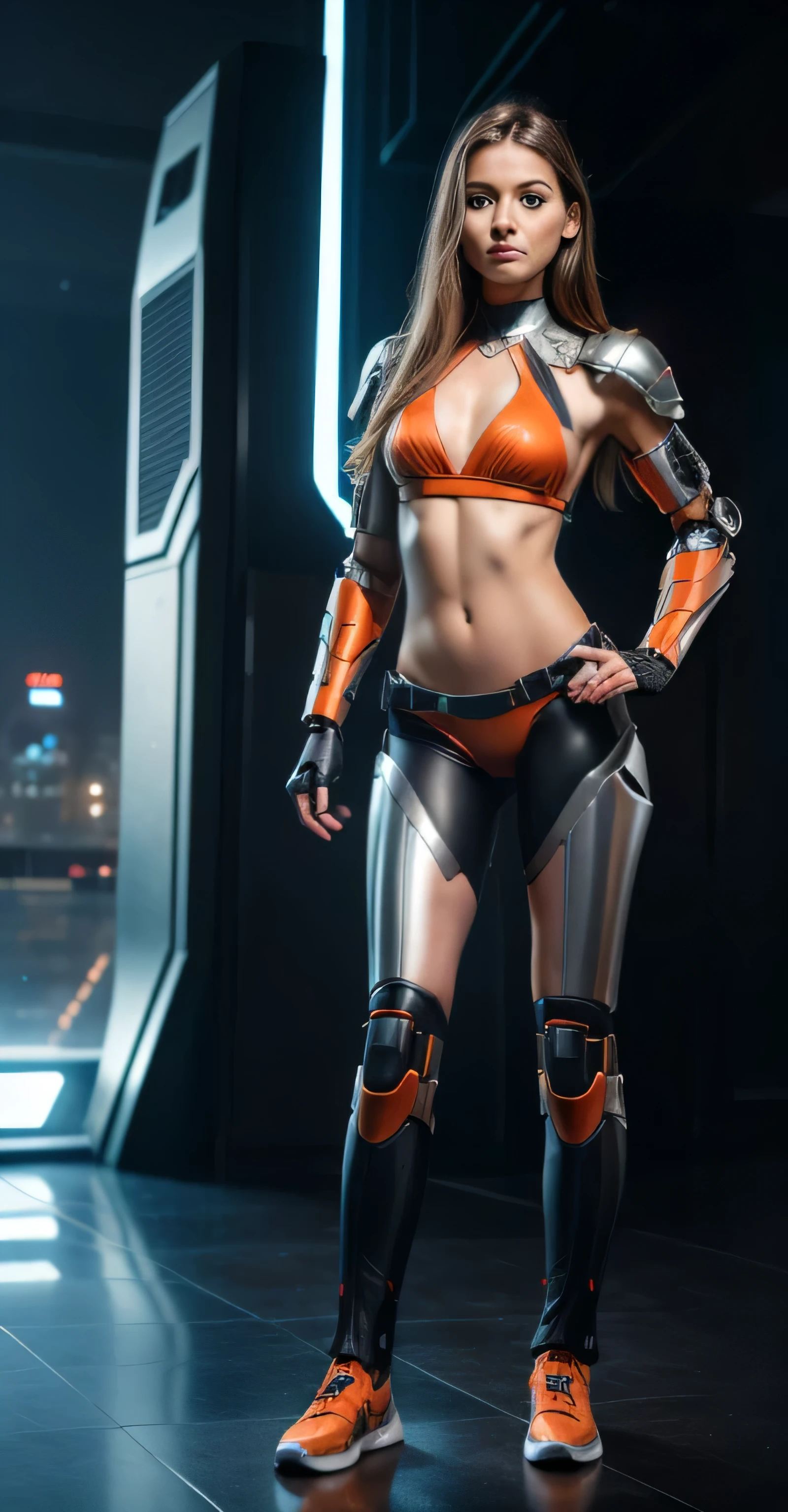 ((masterpiece, 8K, 3D, Realistic, Super Detail)), (1girl:1.3), slender 17 age, Ultra Micro photography, Super realistic, Perfect face, Beautiful features, ((Perfect female body)) Beautiful features, ( body), ((small hip)), Vanessa Kirby as (((2 piece Bikini))), Sci-fi futuristic cyberpunk ((bionic orange chest metal armor suit)), Futuristic soldier, ((Exposed thigh)), Exposed Skin, Front Full body Shot, full body portrait, futuristic city background