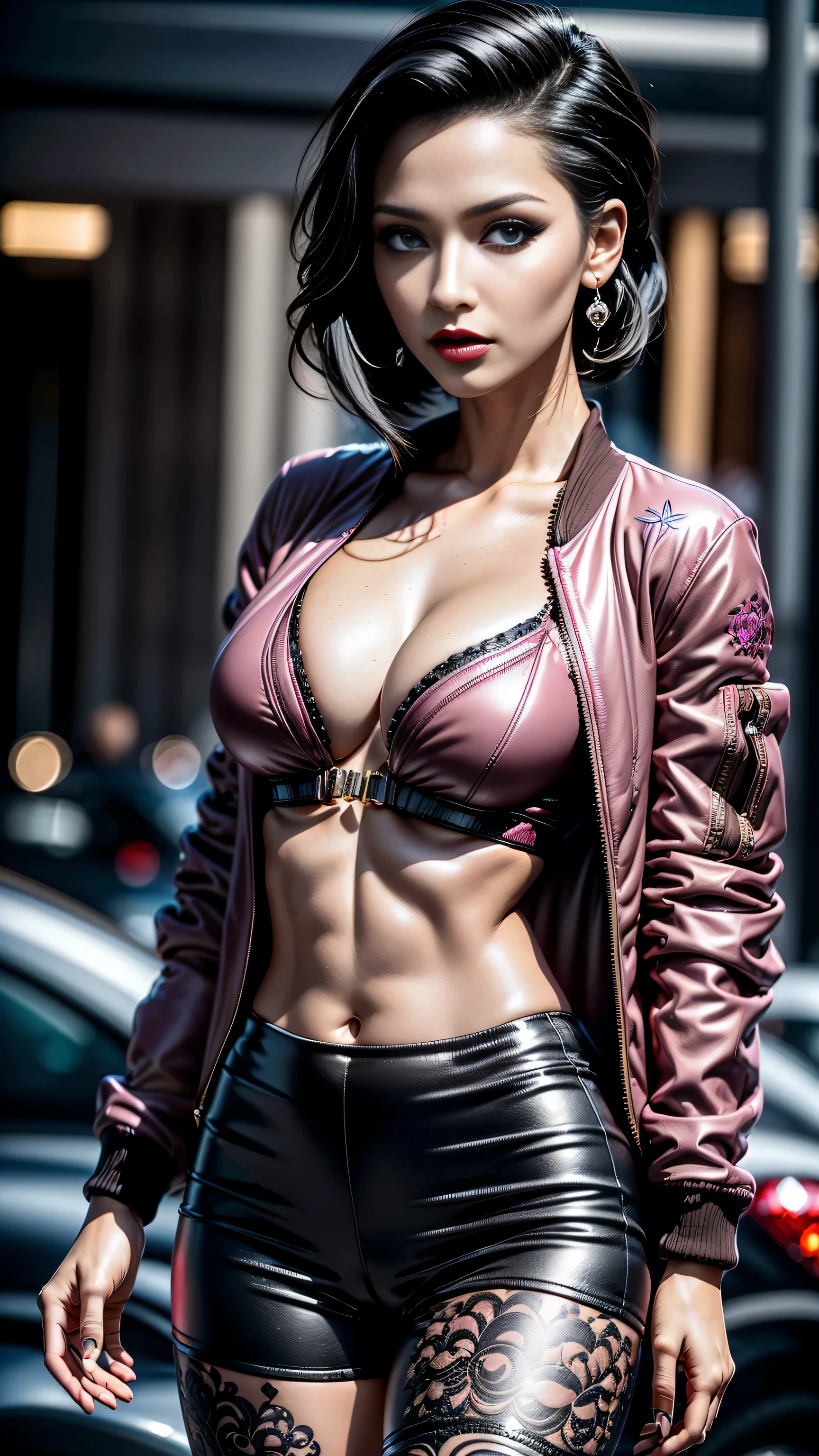 Divide Ratio : 1,1,1 Base Ratio: (Photo),((outside,parking with lot sports cars :1.3)),(Highest resolution),(the most absurd quality),(masterpiece),(sharp focus),(最high quality),(photorealistic),(hyper realistic),beauty (mixed girl)(madison ivy:0.5)(jessica alba:0.3)(Ariana Grande:0.2) in of a (girl 22-year-old),fashion supermodel,(best high quality real texture skin:1.4),((ebony skin female)),(best quality texture hair:1.4),BREAK,((black hair (slicked to the two side) Intricately detailed:1.35)),(smoother lighting:1.05),(increase cinematic lighting quality:0.4),realistic lighting, light on face and body,(perfect proportions),(anatomically correct),(perfect female body:1.4),(Super beautiful body),(firm big full breasts:1.3),(narrow waist:1.3),small ass,slim face,beautiful cheekbones,slim belly:1.3,((slim,swell-muscled body:1.3)),(Super beautiful face),(realistic face),(highly detailed face:1.35),(highly detailed eyes), finely detailed face,finely quality eyes,(tired and sleepy and satisfied:0.0),realistic eyes,perfect round eyes,finely detailed pupils,((brown_eyes:1.3)),BREAK,detailed lips:1.3,red_lipstick:1.28,(Detailed nose:1.2),small head:1.4,BREAK,(extremely Detailed dark pink makeup:1.3),(perfect dark eyeshadows:1.35),BREAK,long_blue_eyeliner:1.35,((very extravagant, extremely detailed (short jacket) cyberpunk graffiti pattern::1.35)),((beautiful extremely detailed tight short Pants:1.35)),(top:1.3), contrast,(dark shot:1.08),((wear jewelry)),dynamic pose,exquisite balance of shadows,perfect composition,(shot above the knee:1.3),look at the viewer,(from below:1.3),Hasselblad, 85mm f/4.0