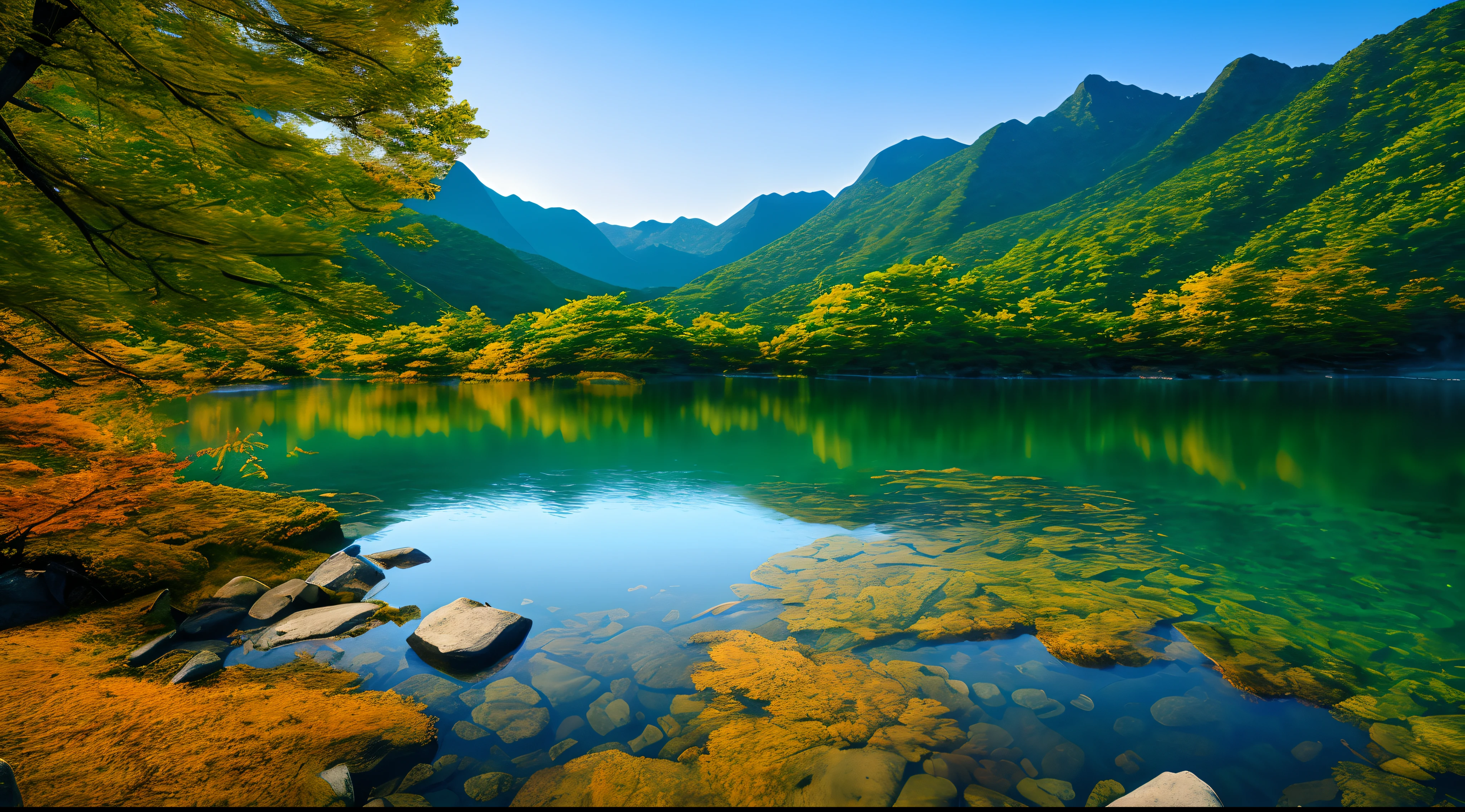 A beautiful Korean mountain and lake, (masterpiece), (portrait), (raw photo), (highly detailed CG unity 8k wallpaper) intricate, sharp focus, dramatic, realistic art
