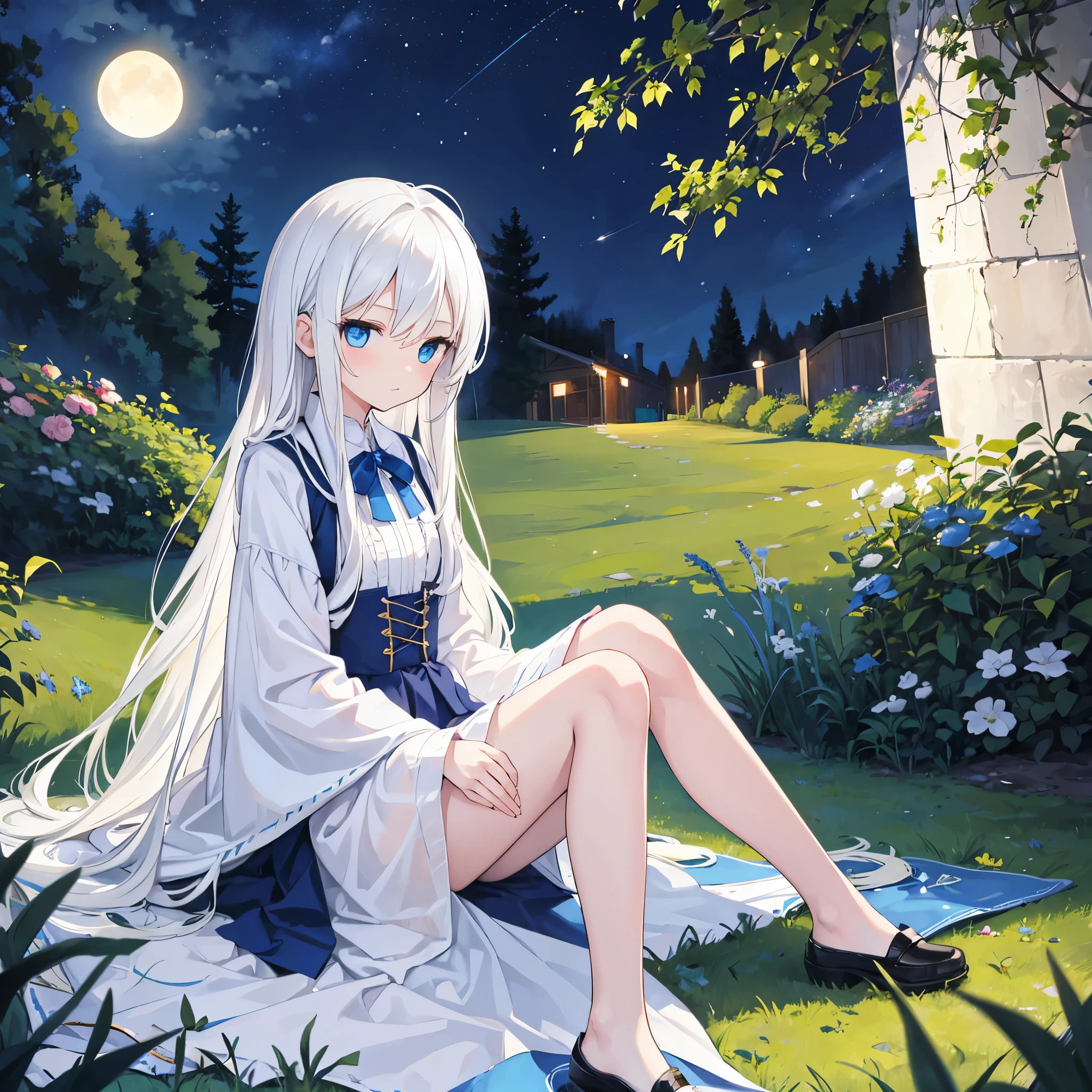 a *********** girl，long white hair，blue eyes，solo，sitting in the lawn at night 