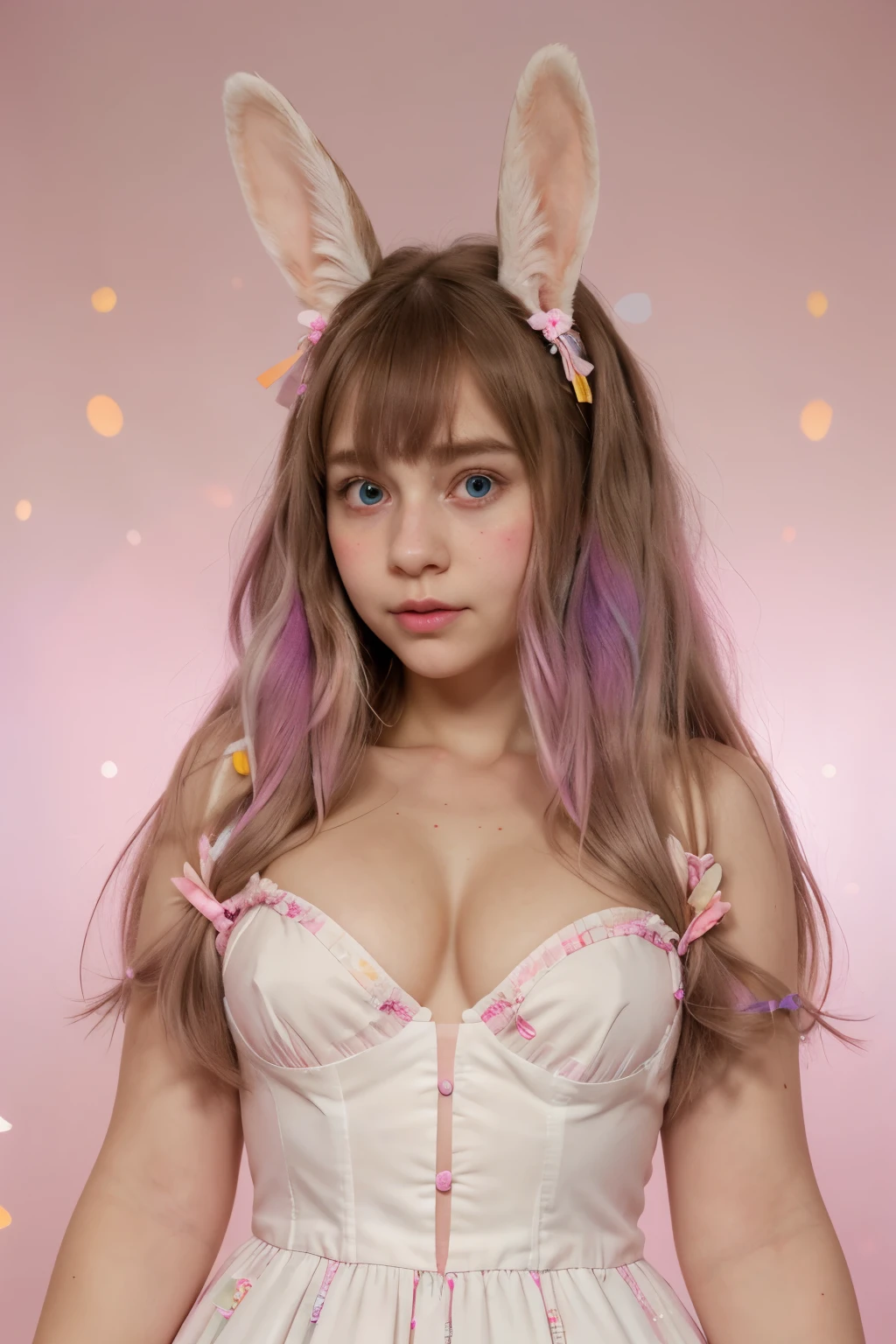 Character - rabbit hybrid girl. She has long, Soft ears, similar to rabbit ears, but with an intricate pattern of ultraviolet dots, that glow in the dark. Her brown eyes resemble the shape and color of a rabbit's eyes, and they are always full of curiosity. Her hair, painted in bright crimson color, tender and thick, resembles soft rabbit fur. Her skin has a pale pink tint, as if reflecting the gentle soulfulness and spontaneity of this creature. The character's outfit is a light and airy dress, decorated with colored ribbons and bright decorations, which go well with her vibrant patterns and thick hair.
