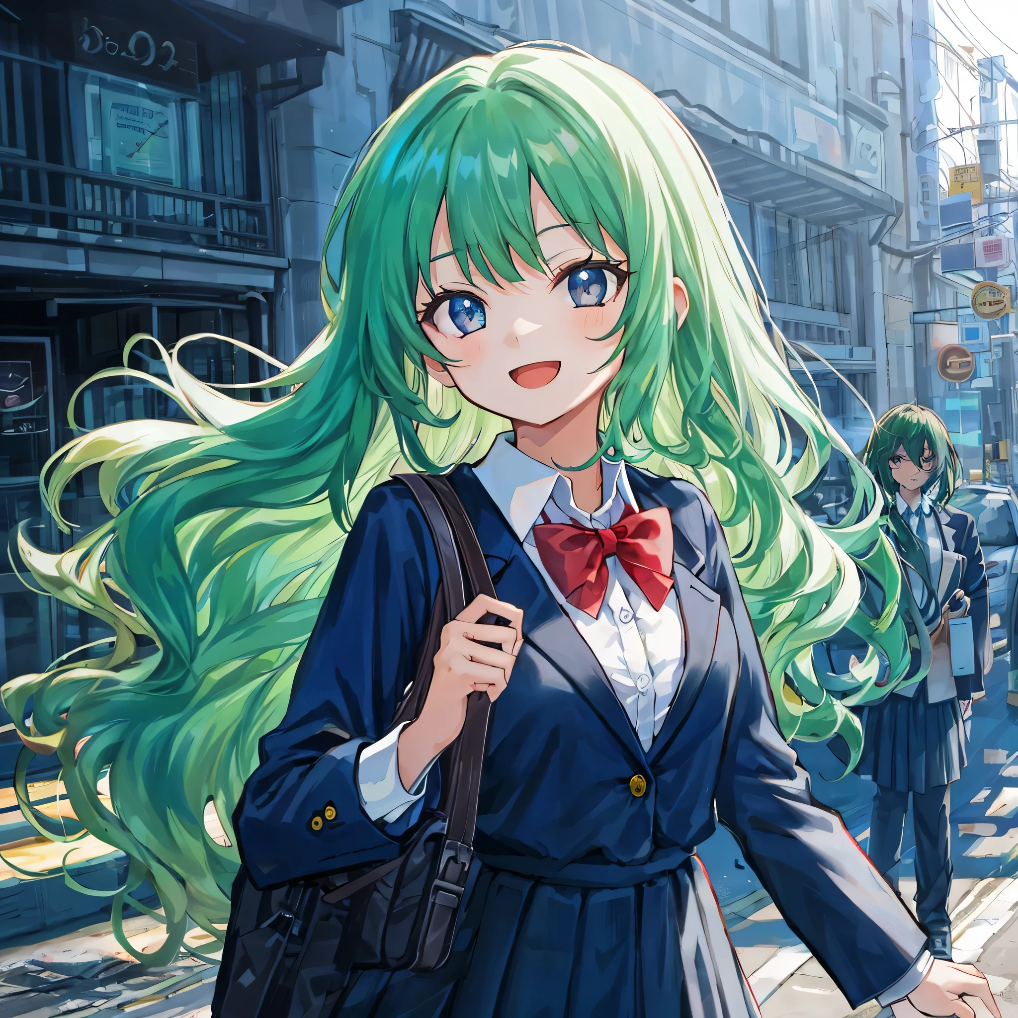 {{{dynamic angle}}},{{During school in the morning}},{{wide angle}},long smooth curly hair,high school girl,smile,open your mouth,{{green hair}},{{large chest}},{{{white dress shirt,blue black blazer,red ribbon,black pleated skirt}}},{{road from the side}},{{droopy eyes}},{{thin and beautiful eyes}},{{high quality eye idol hair}},{{black pleated skirt}},side shot,{{asymmetrical bangs}},{{amount}},super dense skin,thin eyebrows