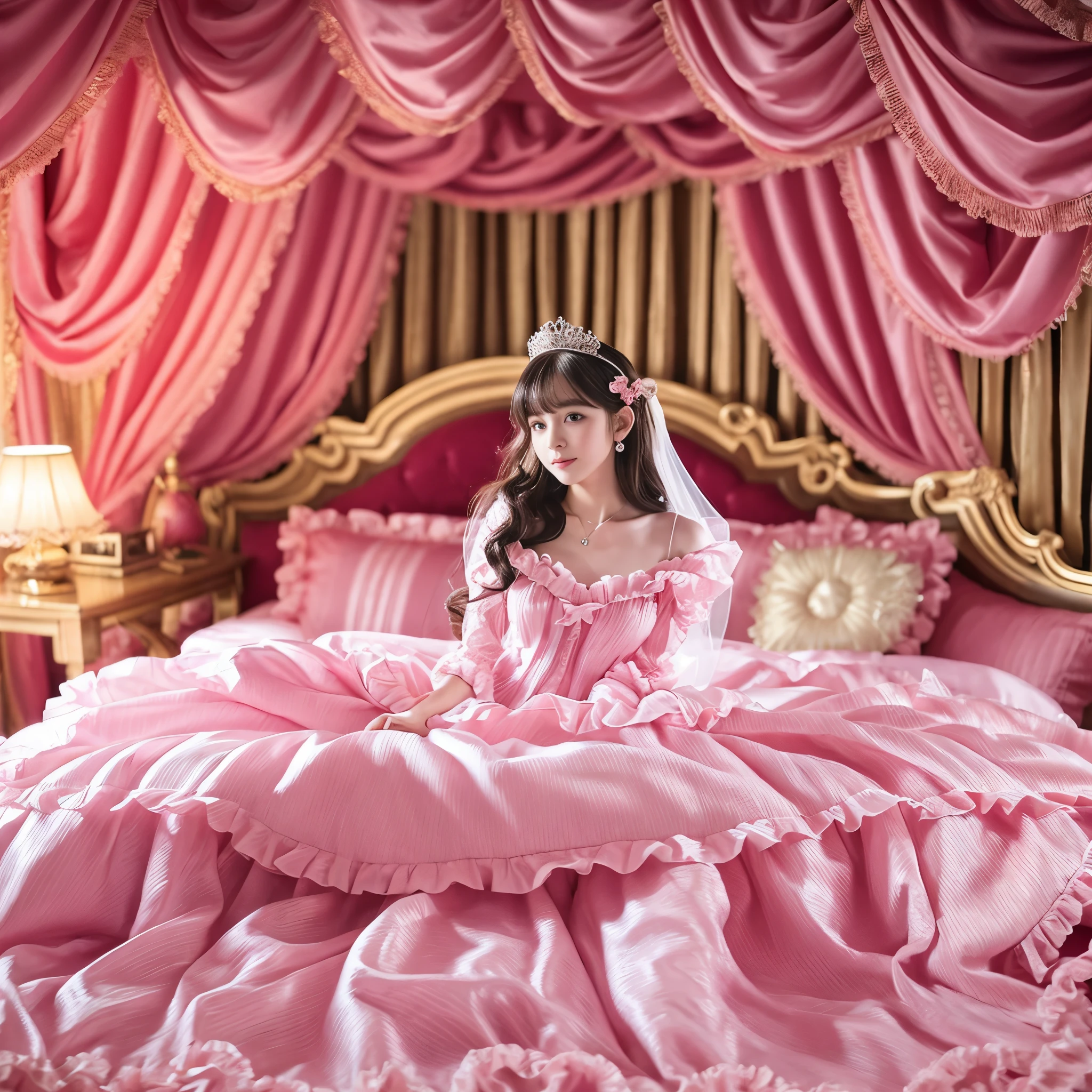 ,highest quality, masterpiece, highest resolution, artwork, super それにget used to it, many get used to it, get used to it, それにget used to it, 3K realistic photos,,((10 year old s)),Super detailed baby face,both are princesses,detailed luxury tiara,Full length ball gown dress with hoop skirt,ruffled yoke collar,Detailed braided ribbon on chest,puff sleeves,long sleeve,((lolita stylt pink princess satin dress、Comes with lots of frills and ribbons。)),crazy'colorful fashion,shiny silk satin dress,soft and smooth silk satin fabric,luxury,Very long blonde hair,blue eyes,white skin european,pajamas,((inside the palace)),Princess dancing happily,gorgeous flowing dress,fine white frills and lace,Super long hair that is as tall as your body,white long socks,drawers with lots of frills,castle bedroom at night,Super long flowing hair,on the bed,豪華な天蓋付きon the bed,巨大な広いon the bed,Pink pillow with lots of frills,Silk satin pink curtains with luxurious ruffles and ribbons surround the bed,princess sitting on bed,Pillows piled up behind the princess,A princess leaning on a pile of pillows,Long hair scattered like a fan on the bed,(((Both legs are completely hidden inside the dress.))),((((round futon)))),((((A large ruffled futon that covers the entire bed)))),detailed comforter,Detailed bed sheets,background with depth,
