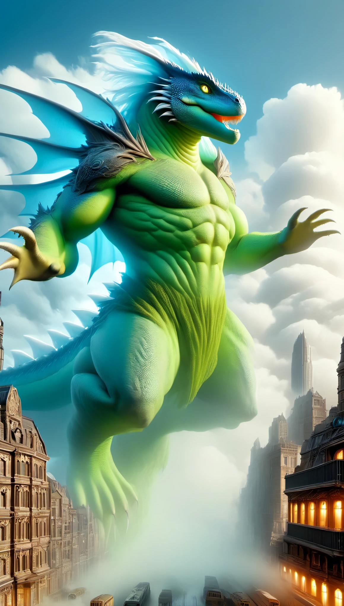 Looking up, a giant creature (Lizard Man Cloud Demon) floats above the city, with a huge body connecting the sky and the earth. It is a towering monster, its eyes twinkling with wisdom. Its body is surrounded by a large amount of white and black mist, and in the hustle and bustle of the city, it is wrinkled, lumpy, and scaly, covered in hooded lids, webbed tentacles, missing wings, Gills cheeks, and a biochemical mutation nucleus Bioluminescence Bioluminescence, Runji Ito, Ancient Prophecy, Alien Origins, Microbiology, (Electric Blue and Green Phosphorescence), Disguise, Translucent Resin Waveform, Moss, 3D Rendering, Ultra High Definition, Complex Details, Weathering Materials, Luminescence,
Background: Borderlands Metro,