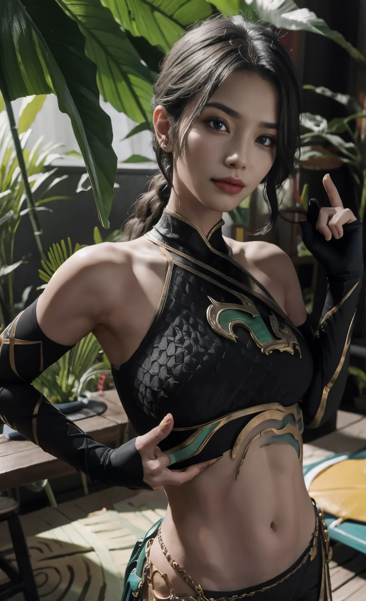 (The tall girl puts her hand in front of her and points to the side), combat pose, BREAK, (Dark background, Bamboo forest), (Slender_thights:1.3), ((big breastes)), Slender_thights, aqua hair, 1girl, solo, (Miniature body:1.4), generous cleavage, Posing, detailed anatomy, the perfect body, Detailed body, detailized face, Beautiful anatomical eyes. BREAK Kaisa Dragon Lagoon,  The BREAK is very detailed, Intricately detailed art, Artstation's Detailed Triadic Color Trend in Unreal Engine 5, 8K resolution, deviantart masterpiece.