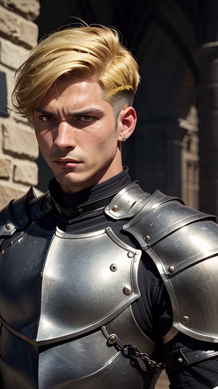 ((best quality: 1.5)) ((masterpiece: 0.8)), intricate details, sharp focus, professional, photorealistic, real life, realistic representation of the face, ((((solo, male) muscular assassin, golden hour, (intense expression)))) dynamic action pose, homely face, in the style of realistic and hyper detailed renderings, medieval church, stained glass, solo, BREAK; BREAK ((((short undercut hair, [ginger:blonde hair:0.4])))), (blemish: 0.7), ((fujicolor)), BREAK; BREAK ((((medieval male man masculine paladin, ((matte black armor:1.5, weapon, modest, knight)), waist chain, photorealistic, hyper-realistic))))