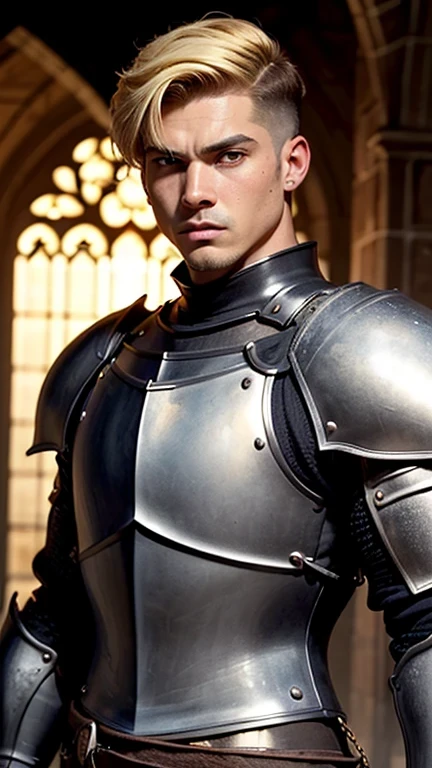((best quality: 1.5)) ((masterpiece: 0.8)), intricate details, sharp focus, professional, photorealistic, real life, realistic representation of the face, ((((solo, male) muscular assassin, golden hour, (intense expression)))) dynamic action pose, homely face, in the style of realistic and hyper detailed renderings, medieval church, stained glass, solo, BREAK; BREAK ((((short undercut hair, [ginger:blonde hair:0.4])))), (blemish: 0.7), ((fujicolor)), BREAK; BREAK ((((medieval male man masculine paladin, ((matte black armor:1.5, weapon, modest, knight)), waist chain, photorealistic, hyper-realistic))))