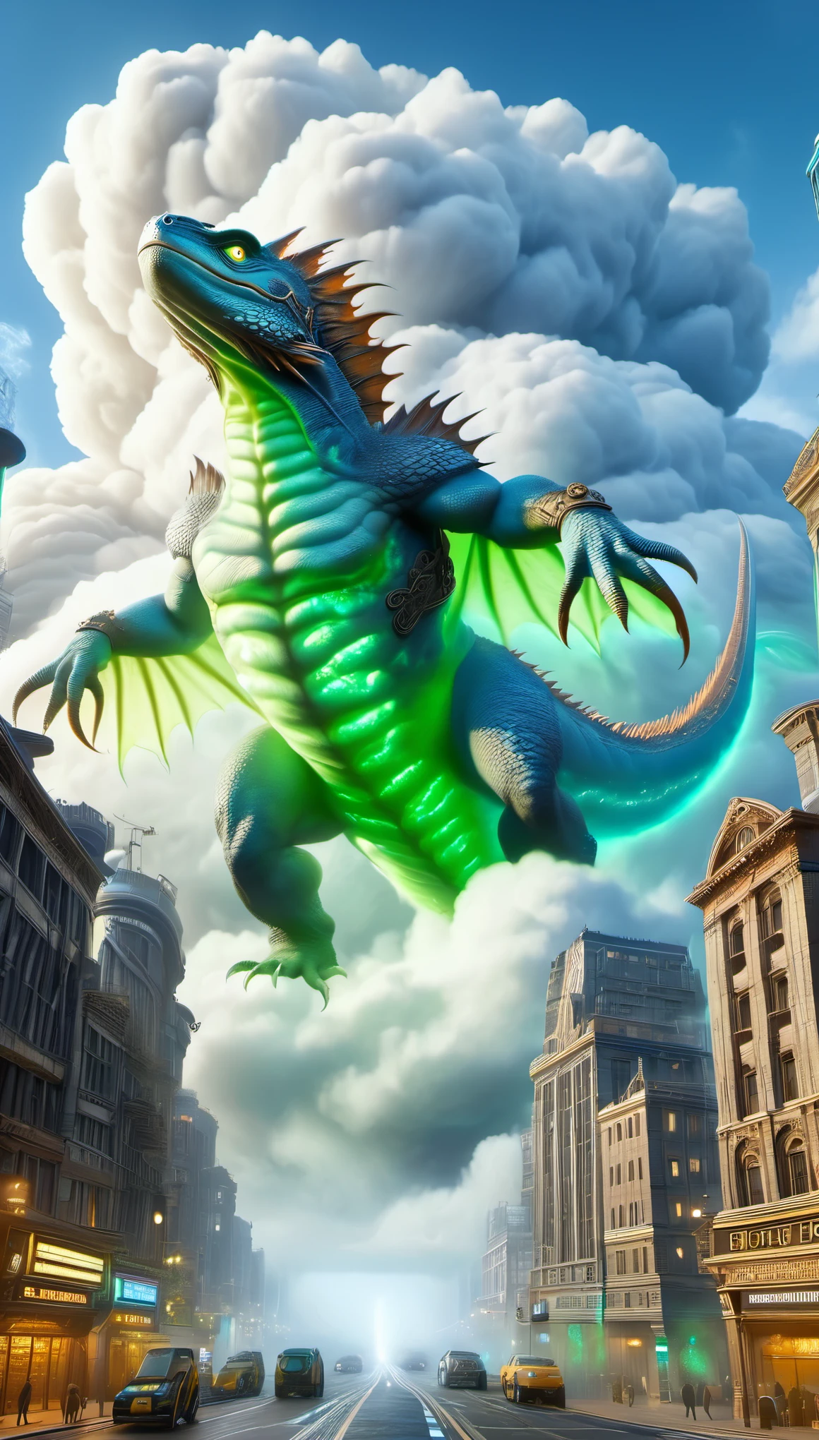 Looking up, a giant creature (Lizard Man Cloud Demon) floats above the city, with a huge body connecting the sky and the earth. It is a towering monster, its eyes twinkling with wisdom. Its body is surrounded by a large amount of white and black mist, and in the hustle and bustle of the city, it is wrinkled, lumpy, and scaly, covered in hooded lids, webbed tentacles, missing wings, Gills cheeks, and a biochemical mutation nucleus Bioluminescence Bioluminescence, Runji Ito, Ancient Prophecy, Alien Origins, Microbiology, (Electric Blue and Green Phosphorescence), Disguise, Translucent Resin Waveform, Moss, 3D Rendering, Ultra High Definition, Complex Details, Weathering Materials, Luminescence,
Background: Borderlands Metro,