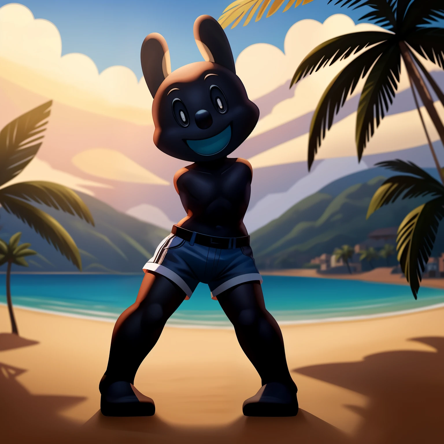 Oswald, armless, missing arms, no arms, black eyes, blue shorts, open smile, big and wide mouth, agape, white polka dots on ears, staring at the viewer, full body, enjoying the place, dynamic angle, beach background, detailed art, palm trees, intricate details