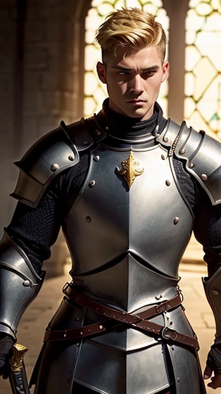 ((best quality: 1.5)) ((masterpiece: 0.8)), intricate details, sharp focus, professional, photorealistic, real life, realistic representation of the face, ((((solo, male) muscular assassin, golden hour, (intense expression)))) dynamic action pose, homely face, in the style of realistic and hyper detailed renderings, medieval church, stained glass, solo, BREAK; BREAK ((((short undercut hair, [ginger:blonde hair:0.4])))), (blemish: 0.7), ((fujicolor)), BREAK; BREAK ((((medieval male man masculine paladin, ((matte black armor:1.5, weapon, modest, knight)), waist chain, photorealistic, hyper-realistic))))