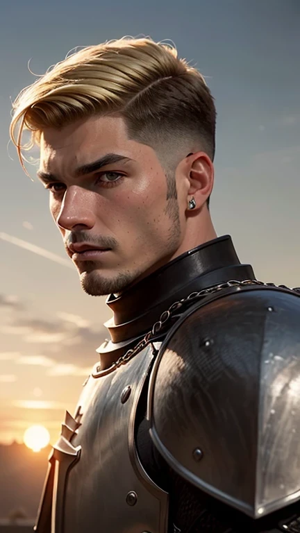 ((best quality: 1.5)) ((masterpiece: 0.8)), intricate details, sharp focus, professional, photorealistic, real life, realistic representation of the face, ((((solo, male) muscular assassin, golden hour, (intense expression)))) dynamic action pose, homely face, in the style of realistic and hyper detailed renderings, medieval church, stained glass, solo, BREAK; BREAK ((((short undercut hair, [ginger:blonde hair:0.4])))), (blemish: 0.7), ((fujicolor)), BREAK; BREAK ((((medieval male man masculine paladin, ((matte black armor:1.5, weapon, modest, knight)), waist chain, photorealistic, hyper-realistic))))