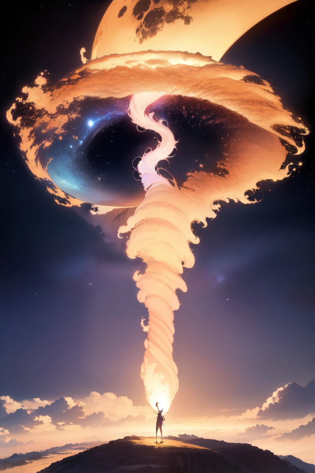 Scene of a figure emerging from glowing clouds，Incredible and spectacular, Fractal Nebula Thread, cosmic entities, Heavenly, cosmic, Vibrant and vivid, whirlpool, rotate, impractical, high contrast, symbolism, magic, mystery, mystery, surreal, over-saturated, colorfully