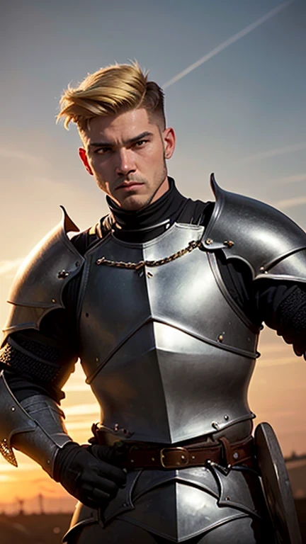 ((best quality: 1.5)) ((masterpiece: 0.8)), intricate details, sharp focus, professional, photorealistic, real life, realistic representation of the face, ((((solo, male) muscular assassin, golden hour, (intense expression)))) dynamic action pose, homely face, in the style of realistic and hyper detailed renderings, medieval church, stained glass, solo, BREAK; BREAK ((((short undercut hair, [ginger:blonde hair:0.4])))), (blemish: 0.7), ((fujicolor)), BREAK; BREAK ((((medieval male man masculine paladin, ((matte black armor:1.5, weapon, modest, knight)), waist chain, photorealistic, hyper-realistic))))