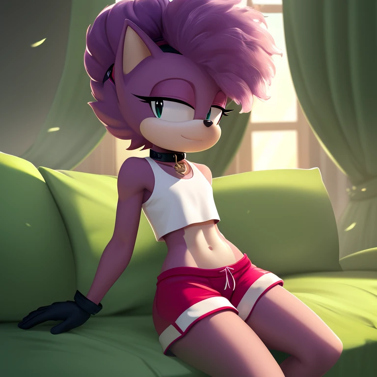 green pyjama crop top, fluff, tuft, fur, black gloves, shorts, green fog, (athletic:0.2), mobian, purple skin, pyjama shorts, bored, lying on sofa, Masterpiece, high quality, studio quality, intricate details, 4k, solo, purple hair, afro puffs, collar, mobian hedgehog, mobian, female, black eyes, femboy