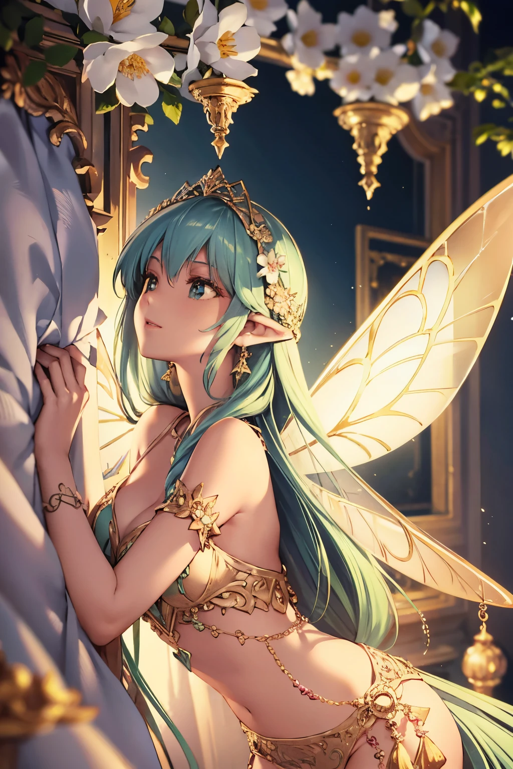 Antique fairy, of the highest quality, intricately detailed,
Delicate fairy in Tiffany colors, adorned with gold and silver ornaments,
Form-fitting jumpsuit, decorated with vibrant spring flowers,
Long hair cascading down, adorned with delicate jewelry,
Sparkling wings, shimmering in shades of pink, blue, green, and beige,
Vintage bedroom background, adorned with light delicate flowers,
Cinematic lighting, capturing every detail in scenic photography.