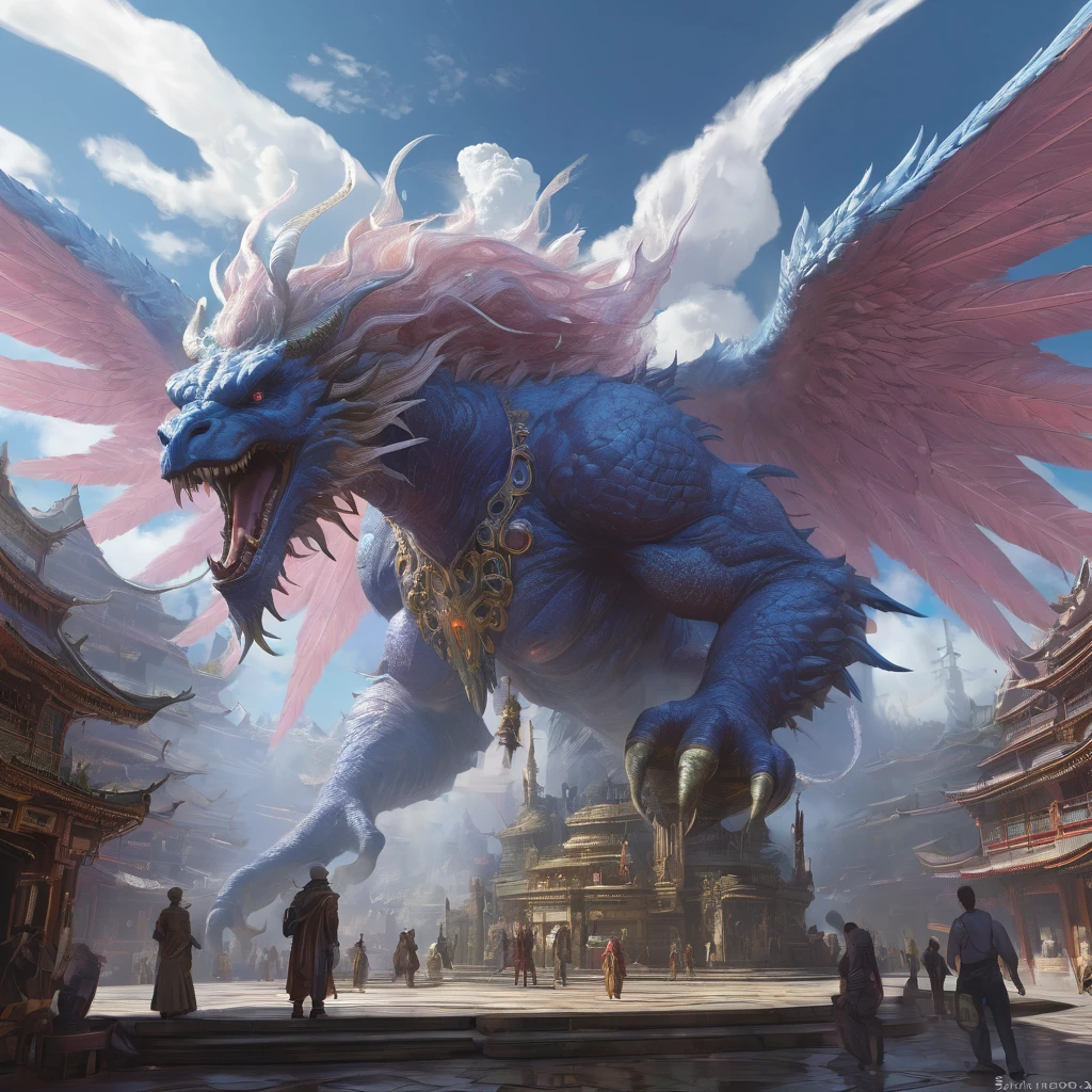Giant creature, aesthetic, extremely detailed, Giant Creature, Mage, Angel, Detailed, a masterpiece digital painting by Greg Rutkowski and James Gurney, trending on Artstation, tube casting, angels are flying, Creature, Monster Hunter Illustrations art book, giant, Moebius, Greg Rutkowski, Zabrocki, Karlkka, Jayison Devadas, Phuoc Quan, trending on Artstation, 8K, ultra wide angle, zenith view, pincushion lens