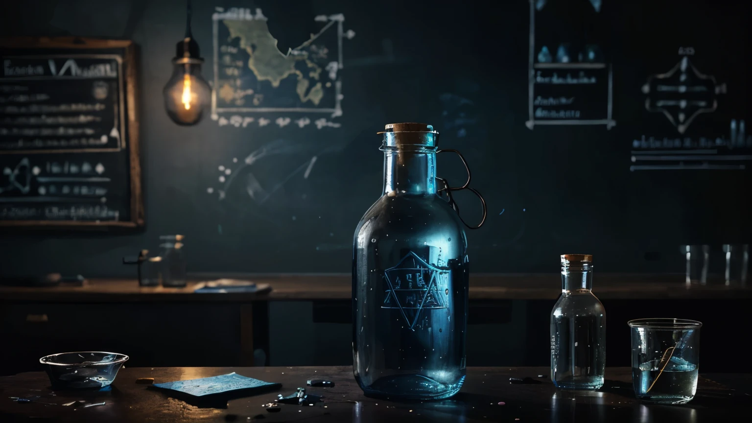 background as laboratory，messy table，Hand drawn style，The blackboard is covered with clues and maps，Blue potion experiment bottle，The picture is dark ,It’s the atmosphere of a puzzle game
