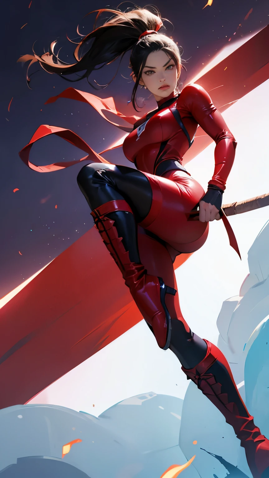 (taki:kunoichi) (sexy,attractive:seductive) (skintight bodysuit, covering the whole body) (perky breasts) (seductive look:gaze,glance) (high heel leather boots) (dark ponytail), high kick, action photo