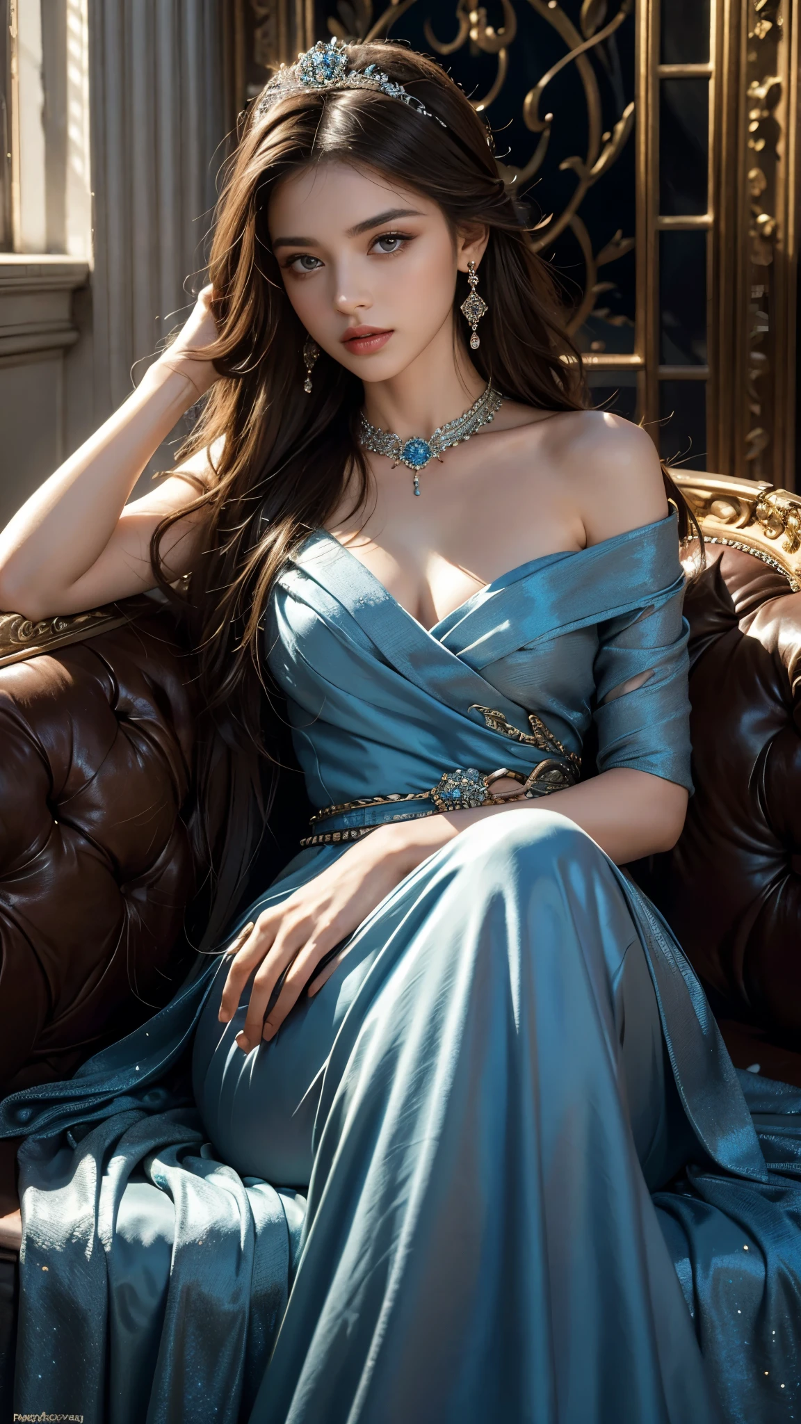 8K, ultra hd, masterpiece, best quality, a beautiful girl, long hair, impressive hairstyle, royal hair jewelry, jewellery earrings, antique jewellery, details eyes, beautiful eyes, meticulous makeup, thin eyebrows, beautiful lips, small breasts, royal dress, blue dress, realistic colors, magic effect, epic scenery, epicness background, sitting,