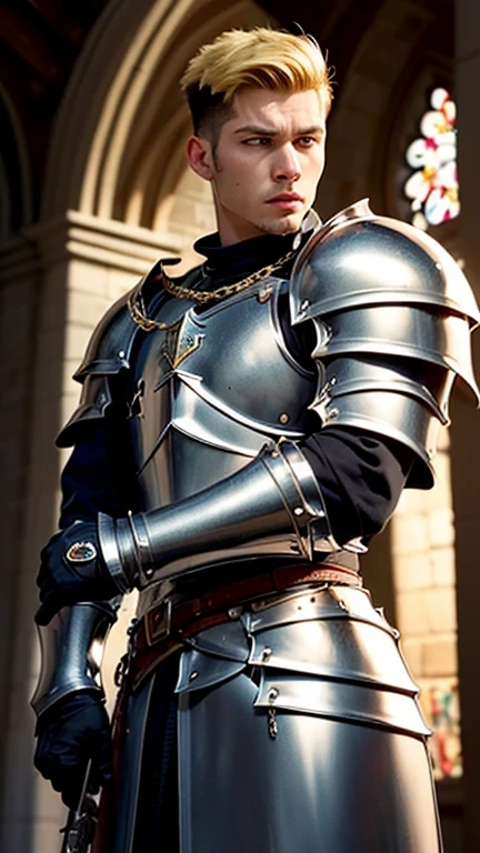 ((best quality: 1.5)) ((masterpiece: 0.8)), intricate details, sharp focus, professional, photorealistic, real life, realistic representation of the face, ((((solo, male) muscular assassin, golden hour, (intense expression)))) dynamic action pose, homely face, in the style of realistic and hyper detailed renderings, medieval church, stained glass, solo, BREAK; BREAK ((((short undercut hair, [ginger:blonde hair:0.4])))), (blemish: 0.7), ((fujicolor)), BREAK; BREAK ((((medieval male man masculine paladin, ((lacquered chrome black armor:1.5, weapon, knight)), waist chain, photorealistic, hyper-realistic))))