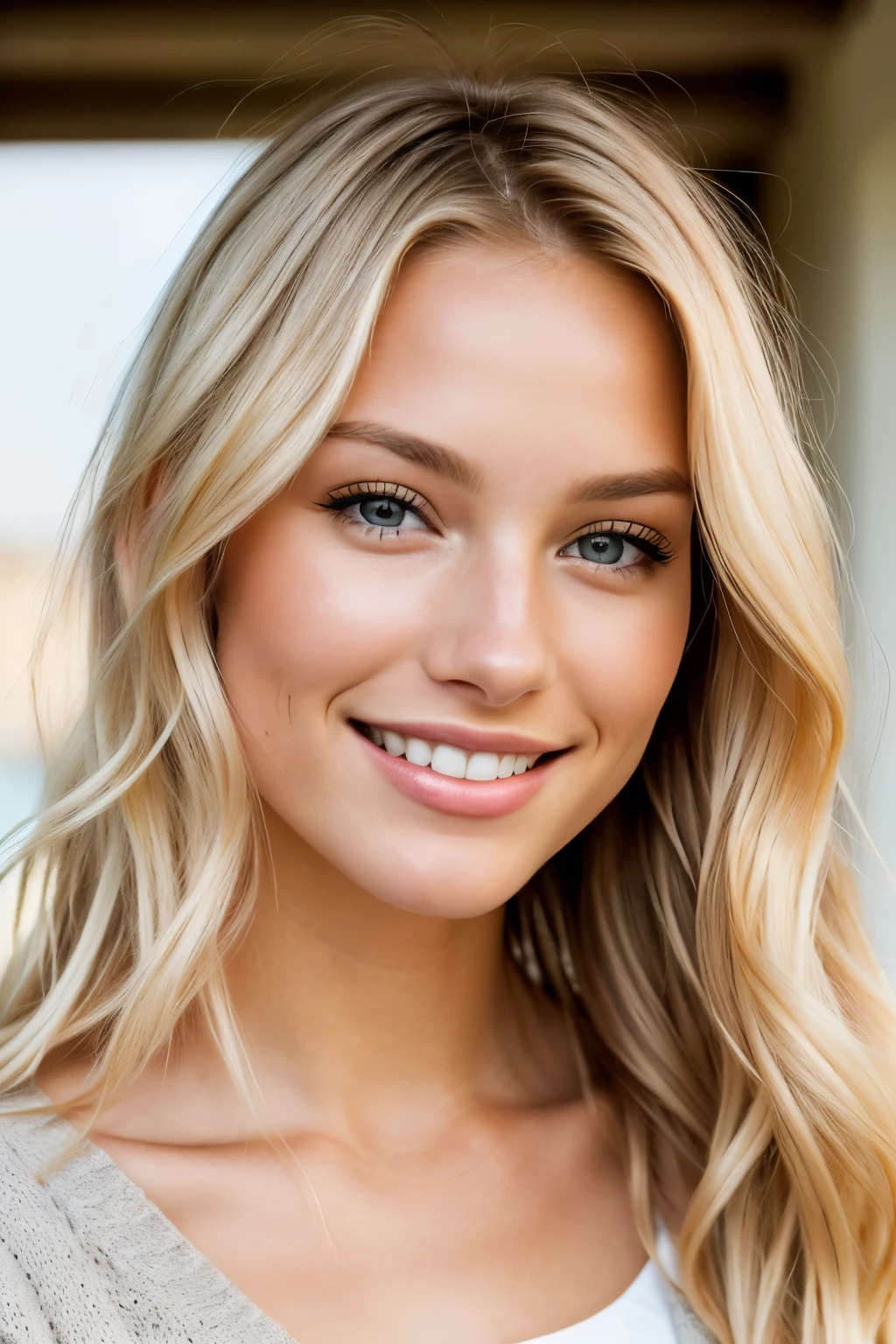A close-up image of a pretty blonde girl, age 21, with a radiant smile andexpression that seems to be directed at the viewer. Her face is symmetrical and finely detailed,with a high cheekbone structure and rosy lips. Her hair cascades in soft waves, framing her faceand falling to her shoulders in loose curls. The sunlight gently highlights the natural shadesof blonde in her hair, adding a golden glow to her features. Her outfit is simple, consistingof a sweater that covers her shoulders, accentuating her delicate collarbones. The image isphotographed in a realistic style, with attention paid to her skin texture, showcasing thesub