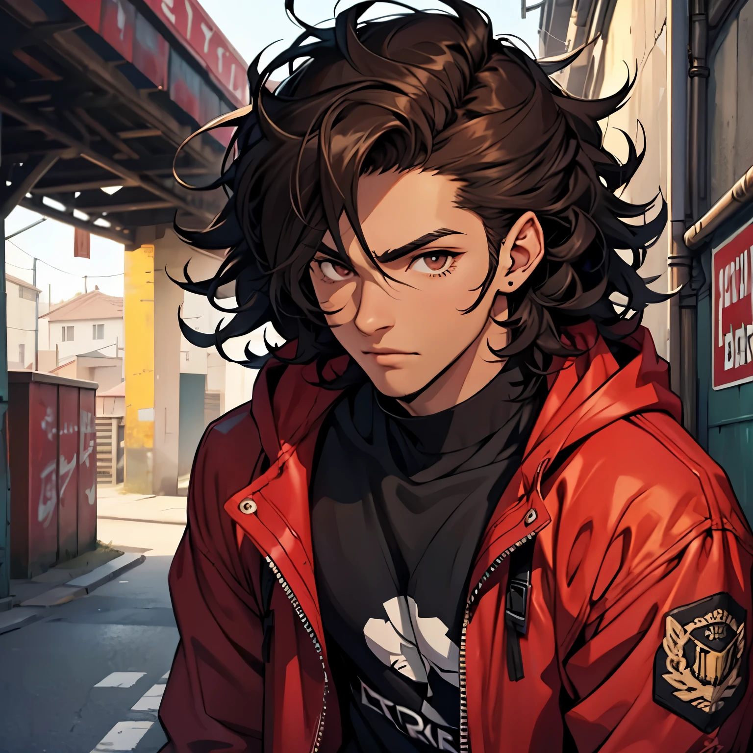 Black boy, tall, black curly hair, reddish brown eyes, soft punk clothing style, handsome. 