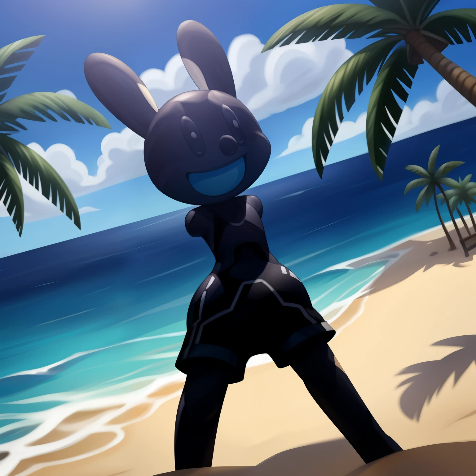 Oswald, armless, missing arms, no arms, black eyes, blue shorts, open smile, big and wide mouth, agape, white polka dots on ears, staring at the viewer, full body, enjoying the place, dynamic angle, beach background, detailed art, palm trees, intricate details