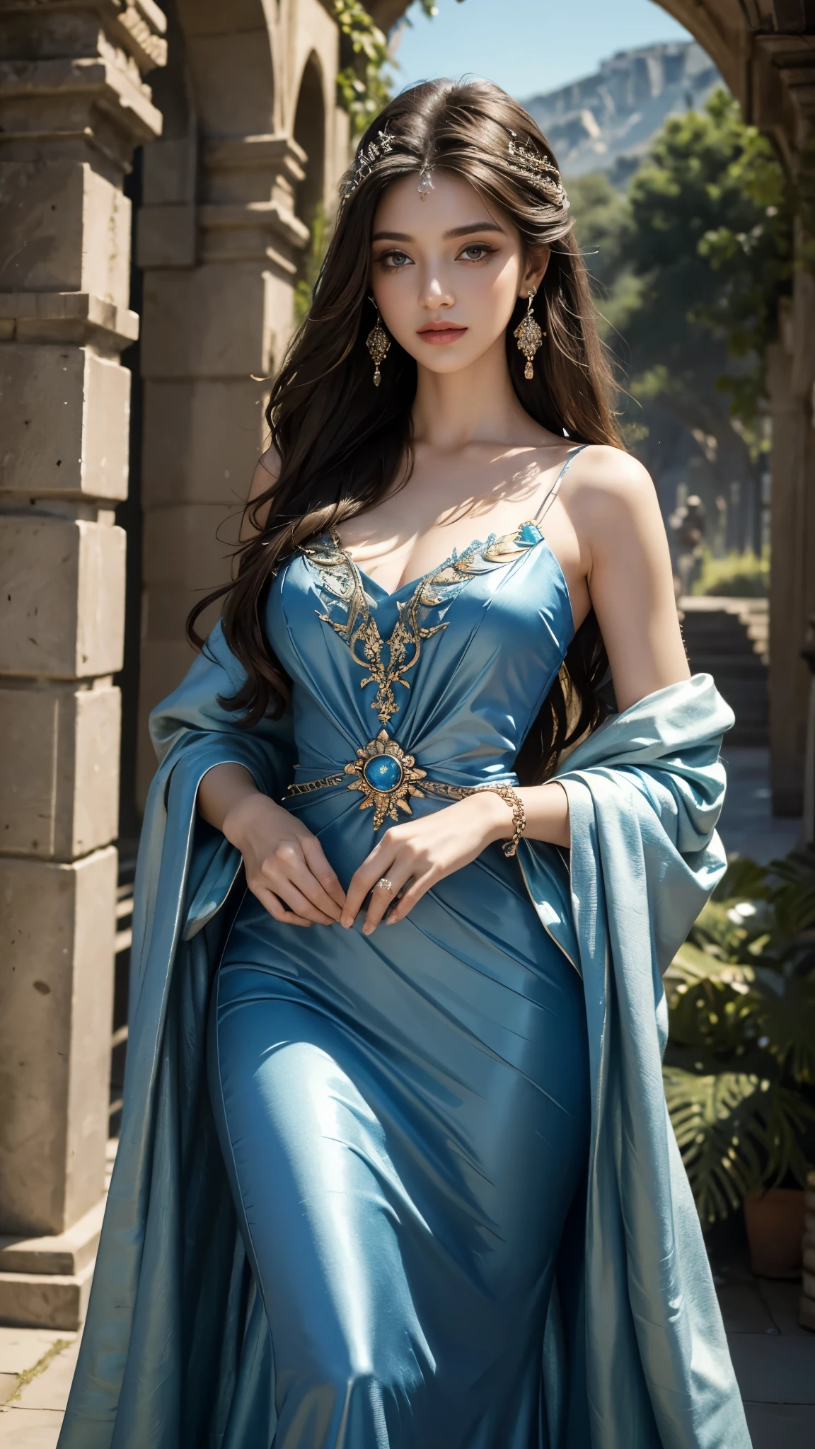 "A grand hyperrealistic photo of a hot and gorgeous model in a medieval banquet hall. She sits elegantly at a long wooden table, adorned in a richly detailed deep necked blue and gold gradient gown that accentuates her curves. The sumptuous feasts and ornate goblets around her, combined with the stone walls and tapestries, create an atmosphere of historical opulence and irresistible beauty.