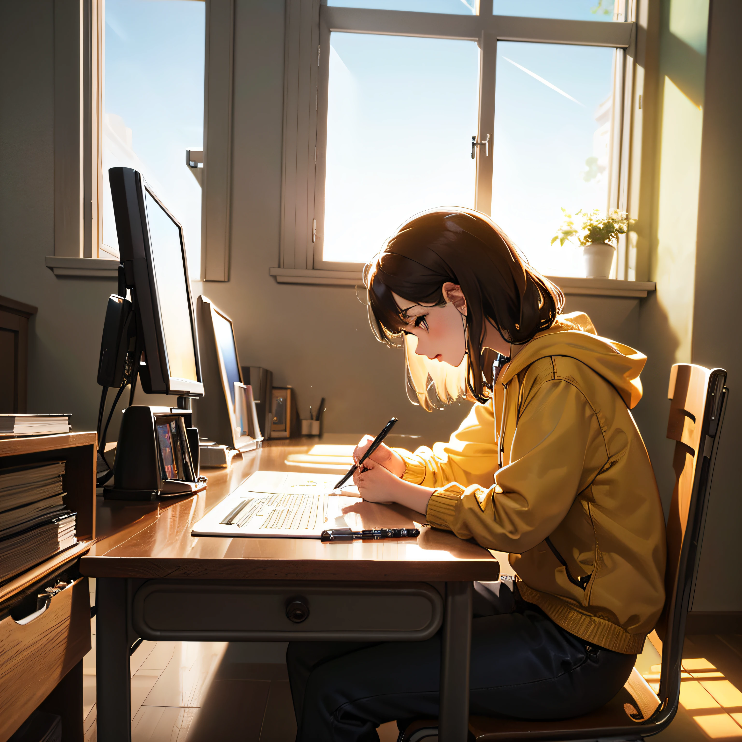 holding a pen, luchando, Mujer vestida de civil, sentado frente a un escritorio, perfil, Incredibly detailed description, soft sunlight shining through the window. --auto