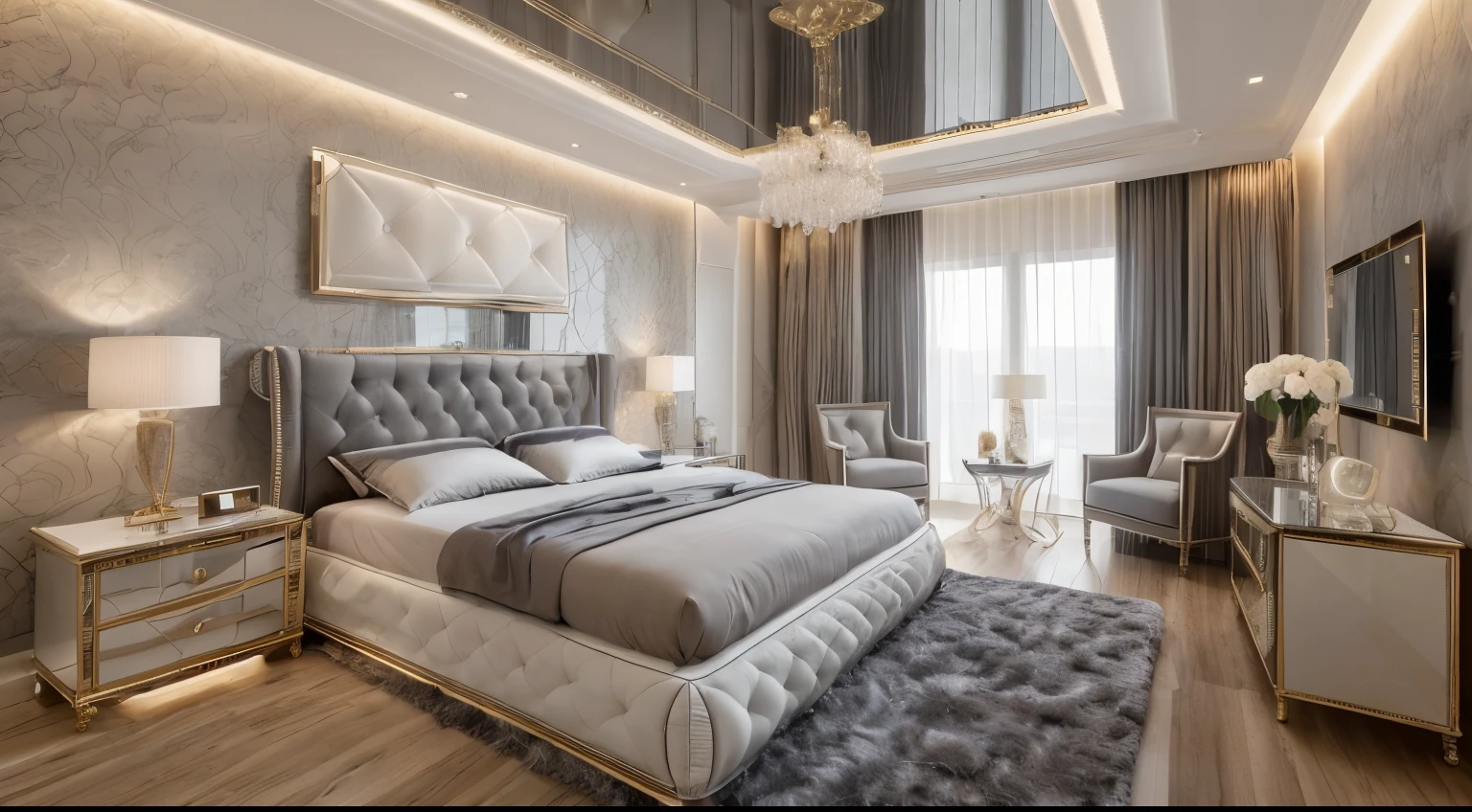 in the night, nice lighting,
luxurious bedroom interior design, luxury interior, luxurious bed,tufted carpet, large glass window with gray drapes, natural light, softlight, (flat white ceiling),masterpiece, realistic, high quality, potted plants