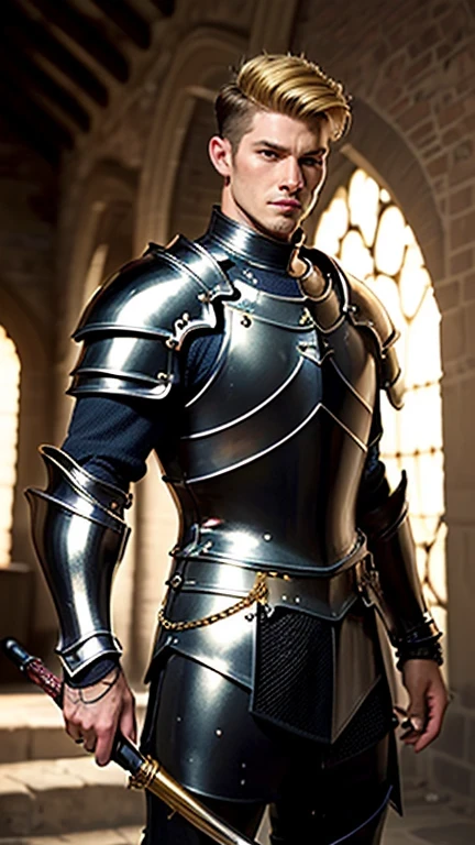 ((best quality: 1.5)) ((masterpiece: 0.8)), intricate details, sharp focus, professional, photorealistic, real life, realistic representation of the face, ((((solo, male) muscular assassin, golden hour, (intense expression)))) dynamic action pose, homely face, in the style of realistic and hyper detailed renderings, medieval church, stained glass, solo, BREAK; BREAK ((((short undercut hair, [ginger:blonde hair:0.4])))), (blemish: 0.7), ((fujicolor)), BREAK; BREAK ((((medieval male man masculine paladin, ((lacquered black chrome armor:1.5, weapon, knight)), waist chain, photorealistic, hyper-realistic))))