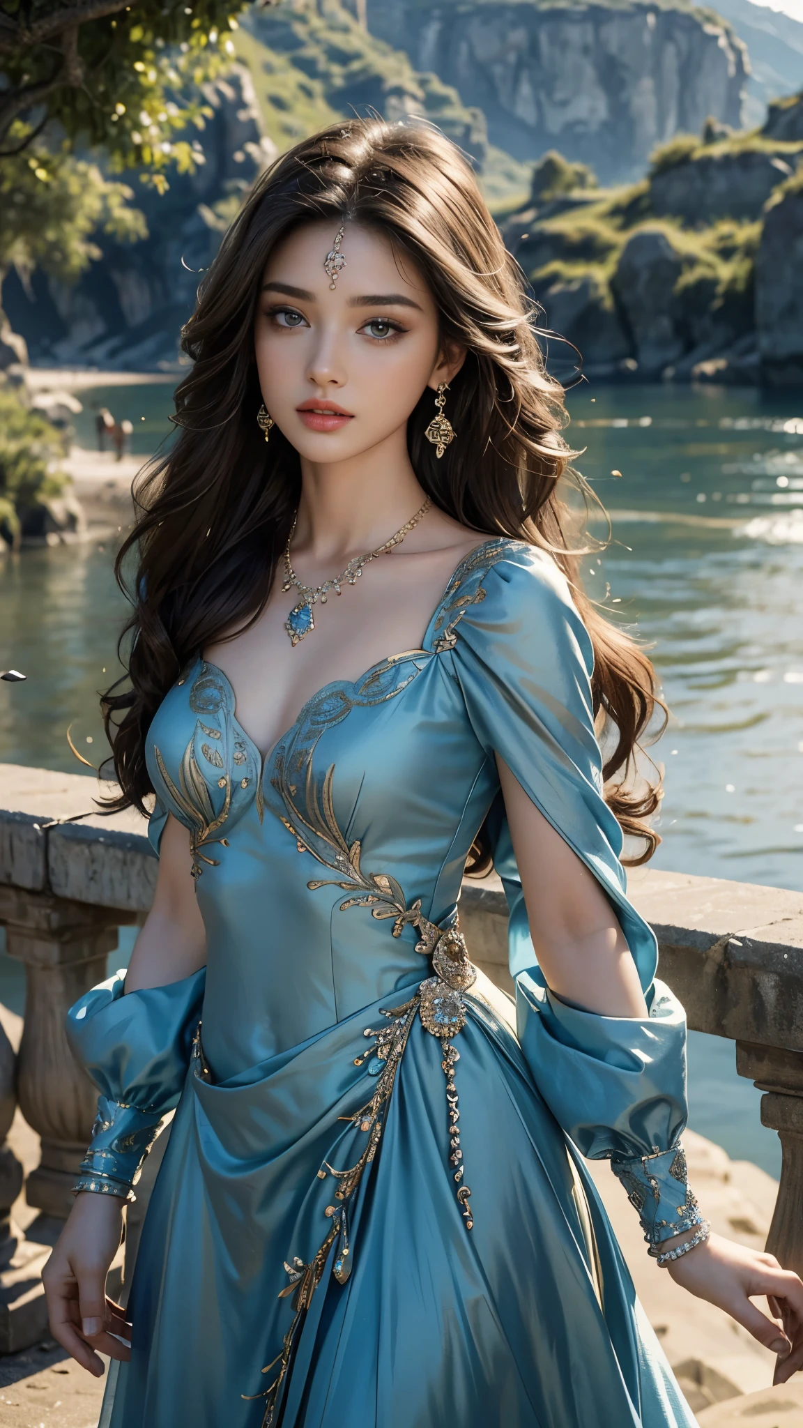 8K, ultra hd, masterpiece, best quality, a beautiful girl, long hair, impressive hairstyle, royal hair jewelry, jewellery earrings, antique jewellery, details eyes, beautiful eyes, meticulous makeup, thin eyebrows, beautiful lips, small breasts, royal dress, blue dress, realistic colors, magic effect, epic scenery, epicness background, perfect body,