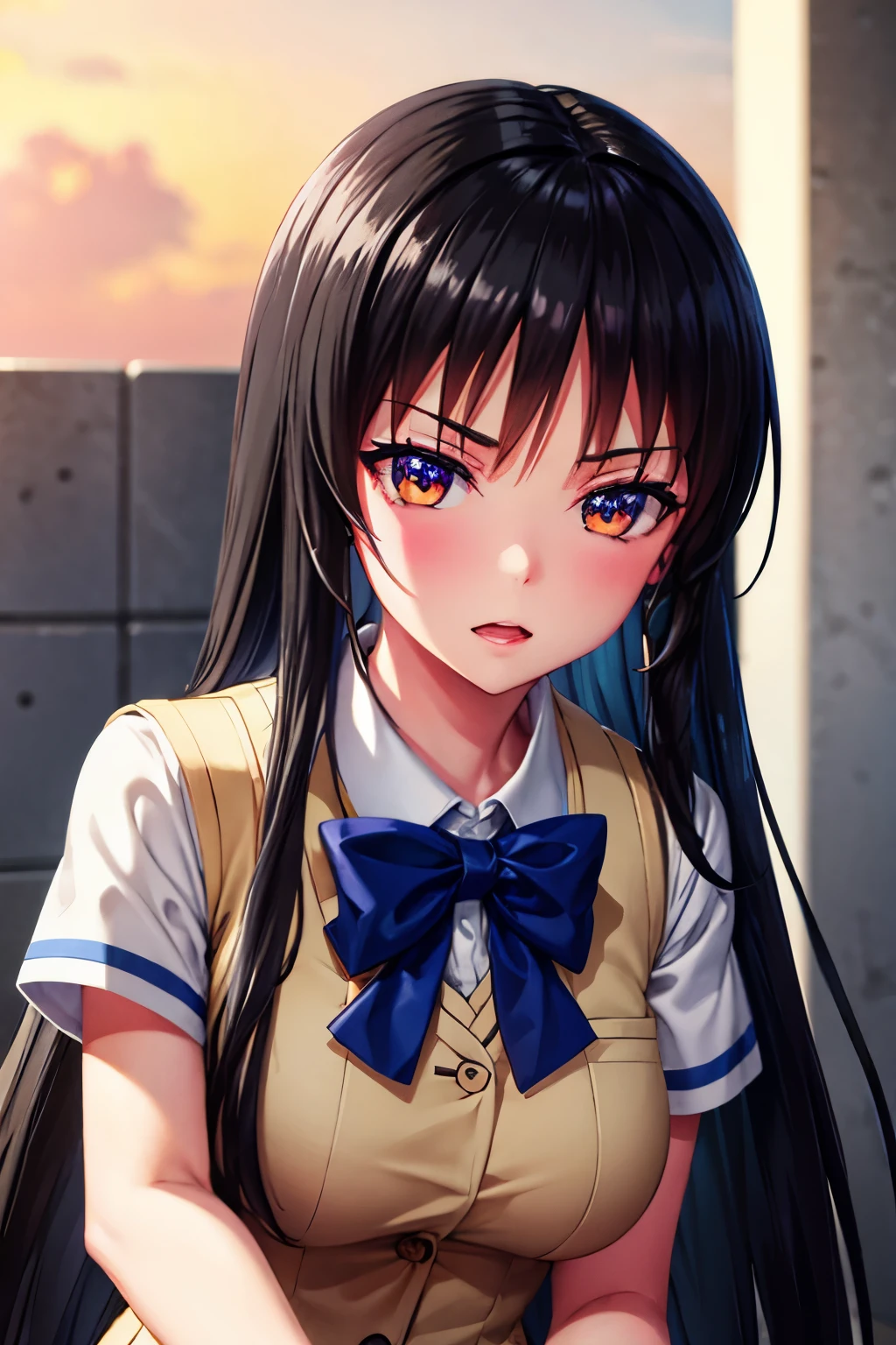 Bright expression、Best quality、超High resolution、Detailed cute and beautiful face、19 years old、Attractive bright natural、Smoother hair、Long black hair、Bright and beautiful big black eyes attractive glow、school uniform with blue ribbon 、eye liner、Double eyelids、big breasts.