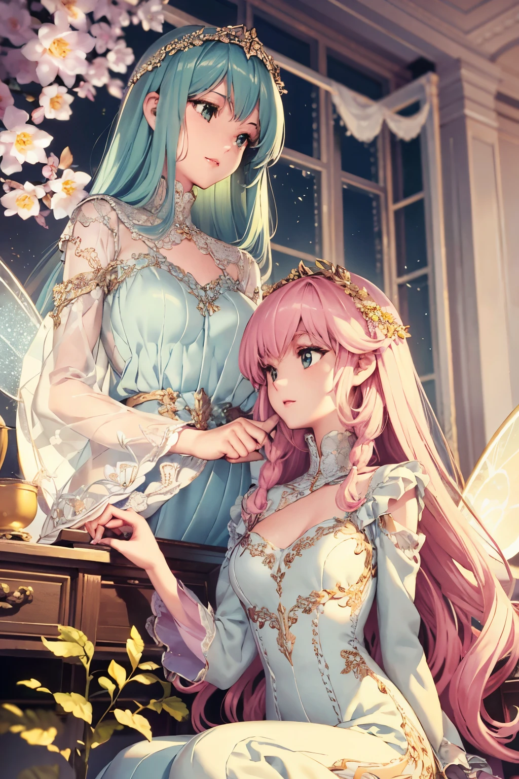 Antique fairy, of the most delicate and ethereal kind: 1.3,
Form-fitting jumpsuit, beautifully decorated with blossoming spring flowers: 1.2,
Long, flowing, silver-threaded hair adorned with golden ornaments: 1.5,
Sparkling wings, a cascade of shimmering pink, blue, green, and beige feathers: 1.4,
Background, a vintage bedroom with light, delicate floral patterns: 1.1,
Cinematic lighting, casting soft, warm hues over every detail: 1.0,
Scenic photography, capturing every intricate detail