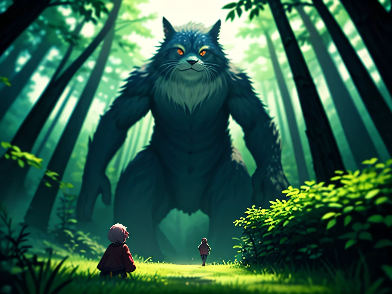 giant creature, fantasy world, Adorable animals and giant fictional characters, pastel colored hair, fluffy, round eyes, 3 times the height of the tree, In a vacant lot next to the forest, from below, giant creatureの足元にいる女の子, (masterpiece), (highest quality), (Ultra high detail), intricate details, texture with intricate details